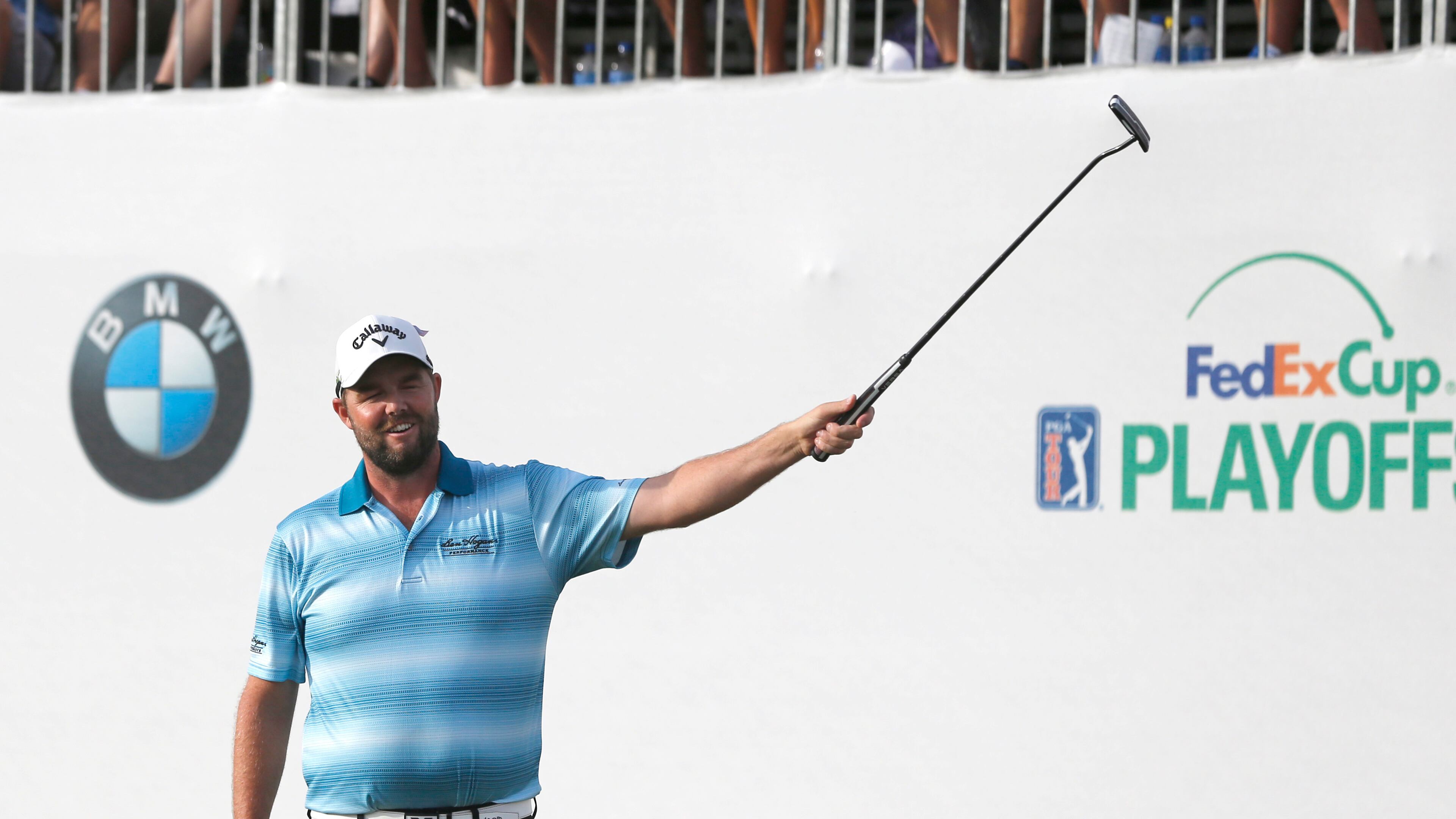 Marc Leishman celebrates after winning the BMW Championship Sunday, vaulting him up the FedEx Cup points standings just in time for the season-ending Tour Championship at East Lake. (AP Photo/Charles Rex Arbogast)