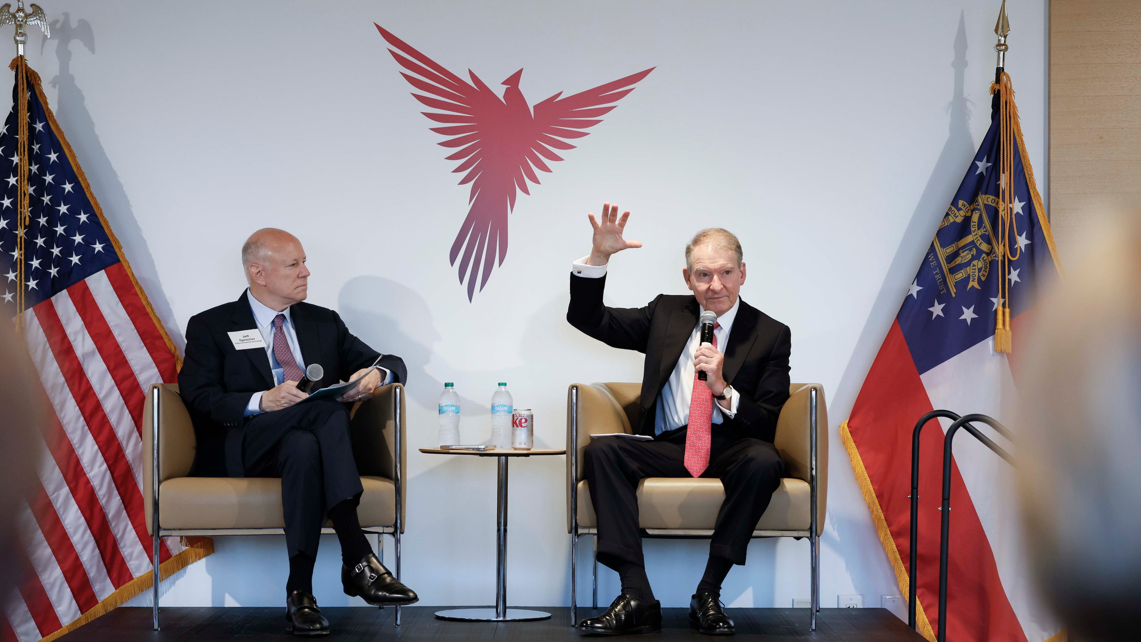 U.S. Securities and Exchange Commission Chairman Paul Atkins (right) talks at the Metro Atlanta Chamber on Thursday, Oct. 15, 2026. Jeffrey Sprecher, founder and CEO of Intercontinental Exchange and chairman of the New York Stock Exchange, moderates the discussion. (Miguel Martinez/AJC)
