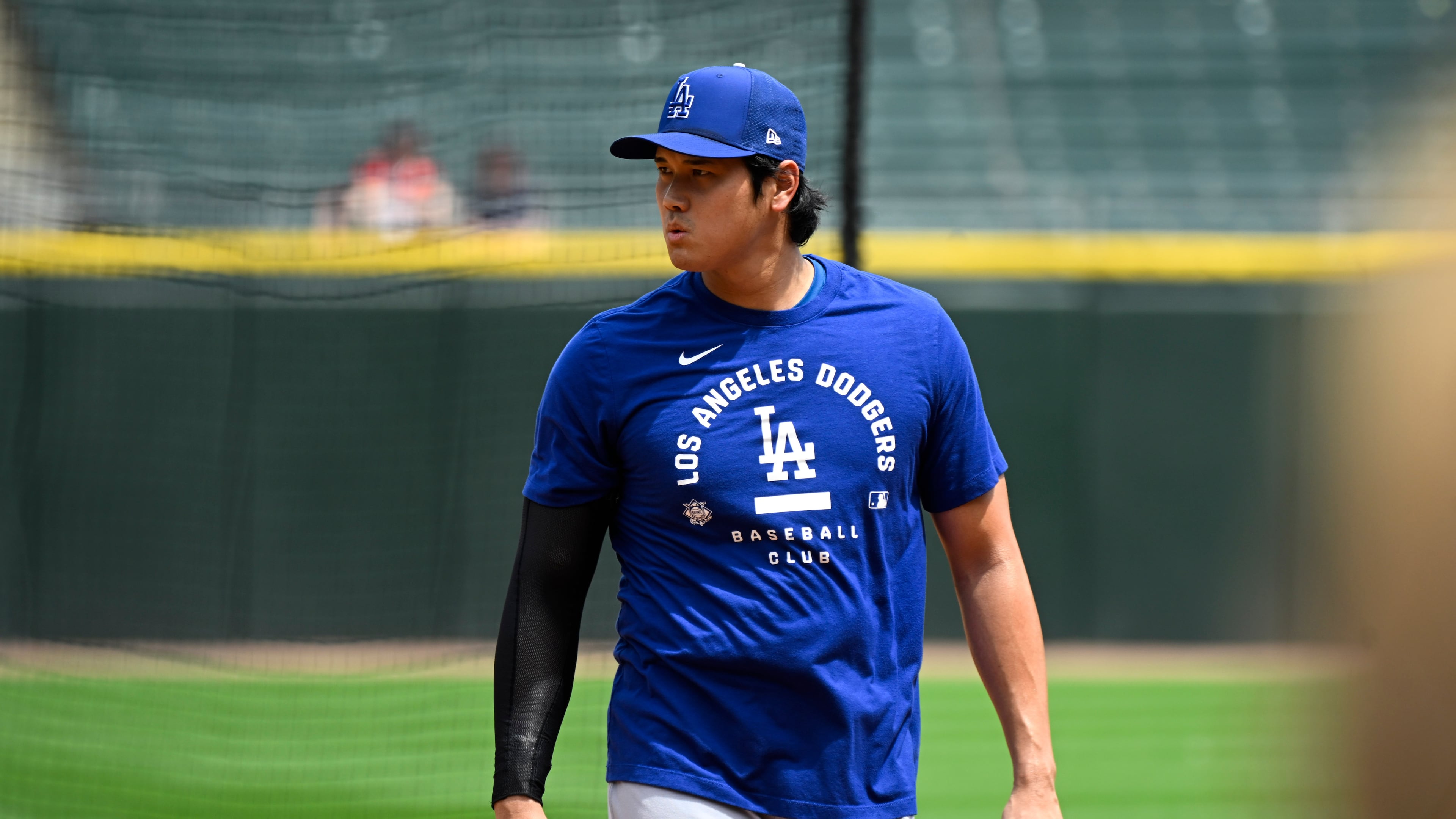 Los Angeles Dodgers two-way player Shohei Ohtani, from Japan, during warmups before a baseball game against the Chicago White Sox, Saturday, June 13, 2026, in Chicago. (AP Photo/Matt Marton)