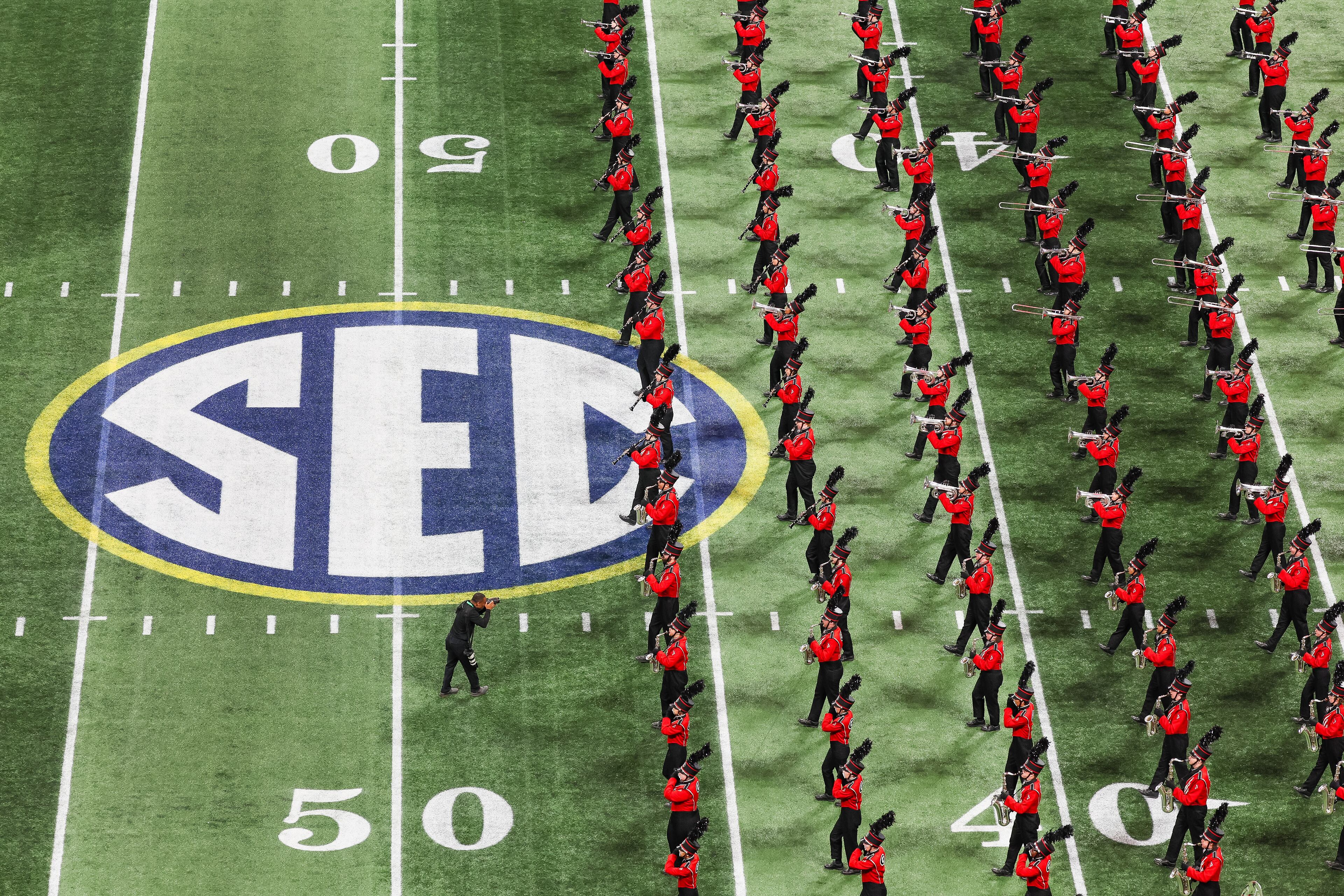 The Georgia marching band performs during the SEC Championship Game at Mercedes-Benz Stadium, Saturday, Dec. 6, 2025, in Atlanta. (Jason Getz / AJC)