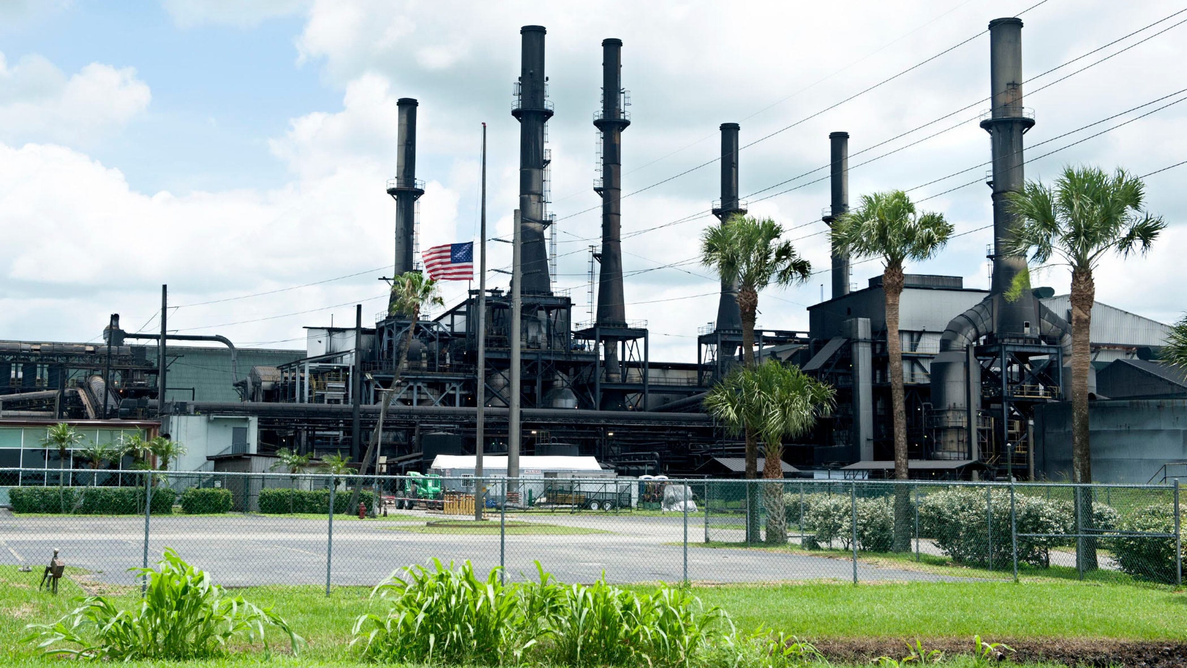 The American flag flies at half-staff at the Sugar Cane Growers Cooperative of Florida in Belle Glade on Saturday. Felix Cabrera, 86, is accused of shooting and killing a 67-year-old manager who fired him in June.