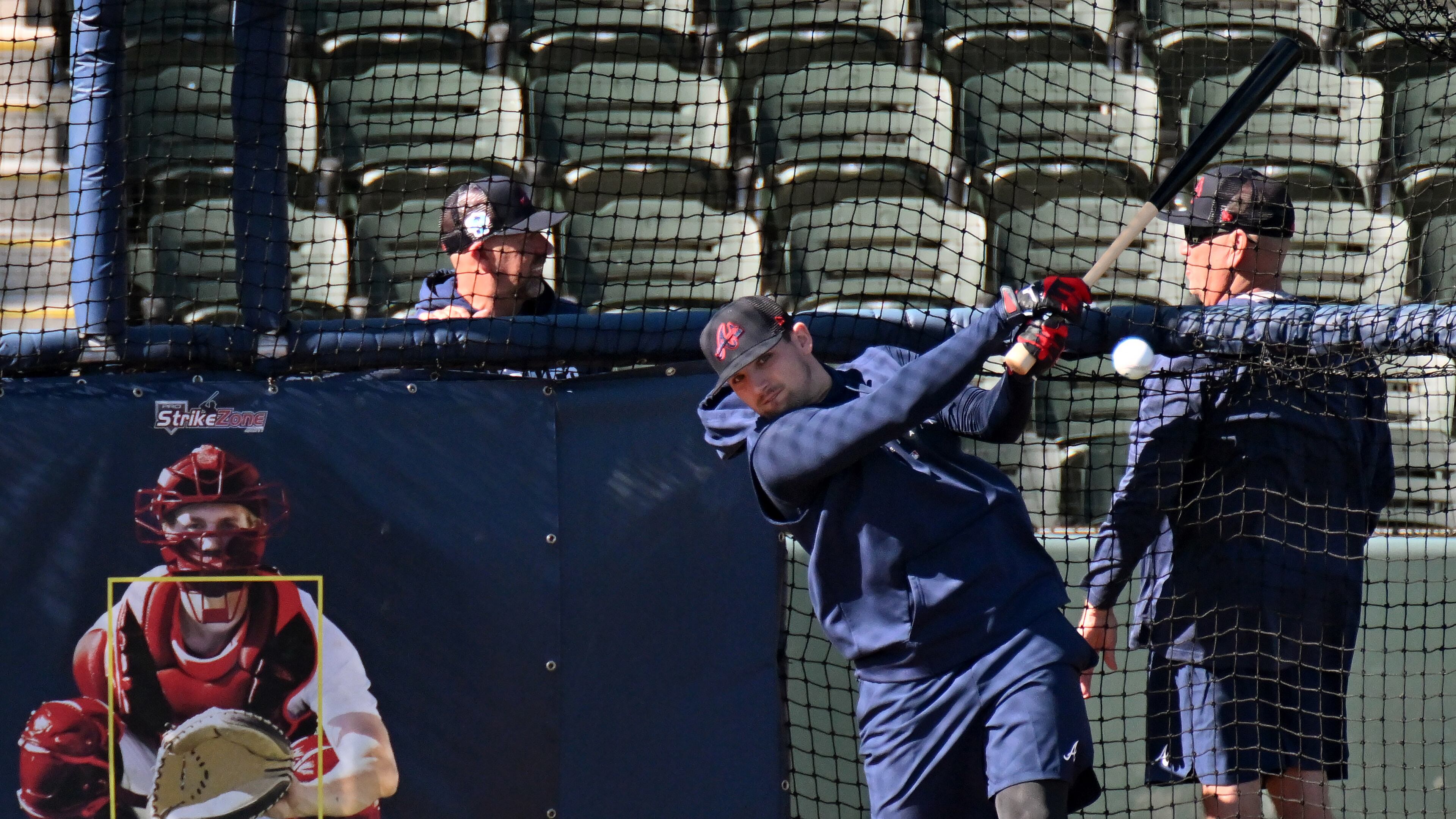 Braves third baseman Austin Riley takes batting practice during spring training at CoolToday Park in North Port, Florida. (Hyosub Shin / Hyosub.Shin@ajc.com)
