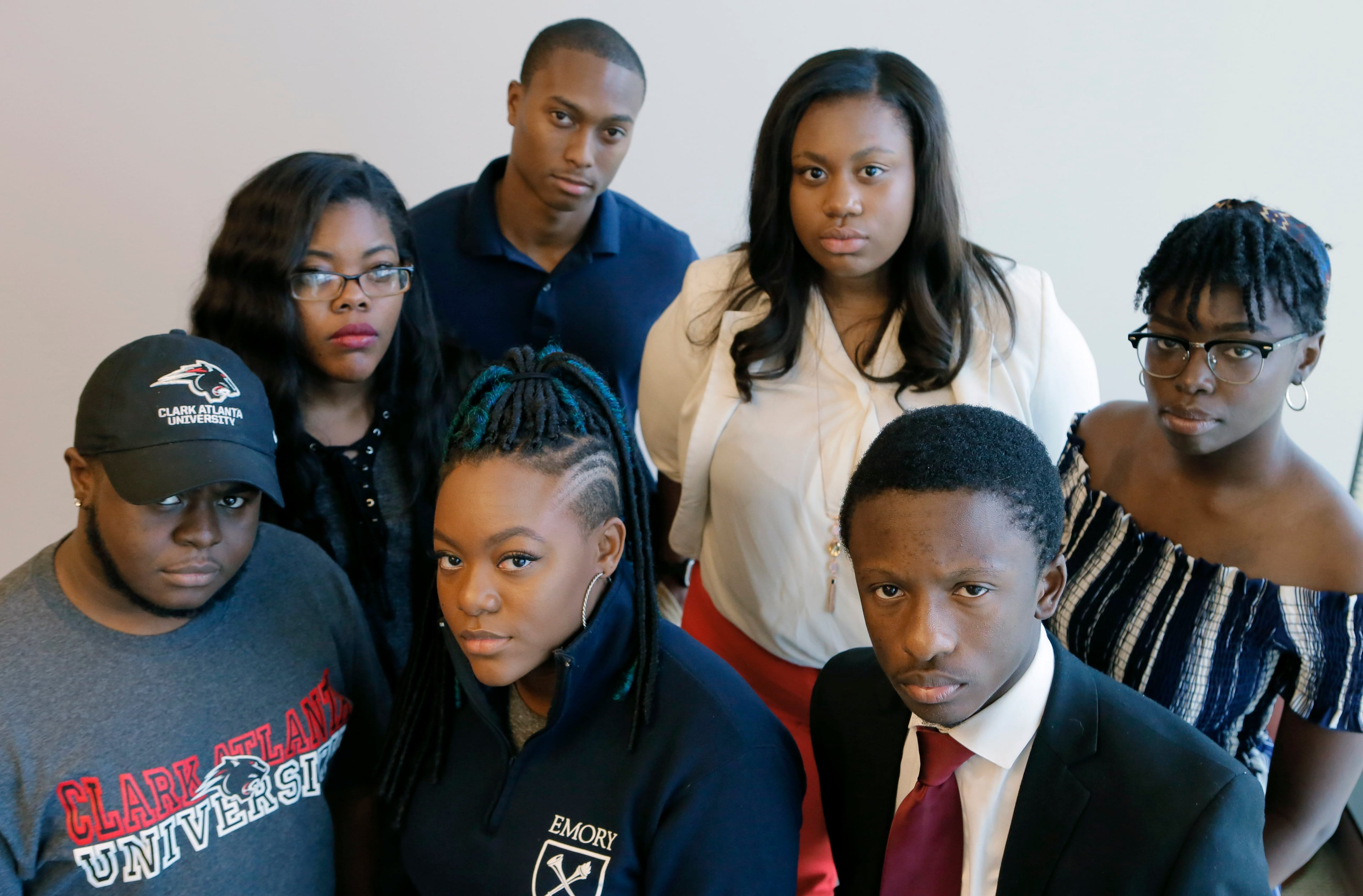 The AJC invited seven black college students to discuss the Netflix series "Dear White People." Front row: Antonio D. Curren Jr. (Clark Atlanta); Chelsea Jackson (Emory) and Jared Sawyer Jr. (Morehouse). Back row: Lauren Booker (GSU); DJ Lewis (Ga. Tech); Mary Pat Hector (Spelman) and Meagan Mwanda (UGA). (BOB ANDRES /BANDRES@AJC.COM)