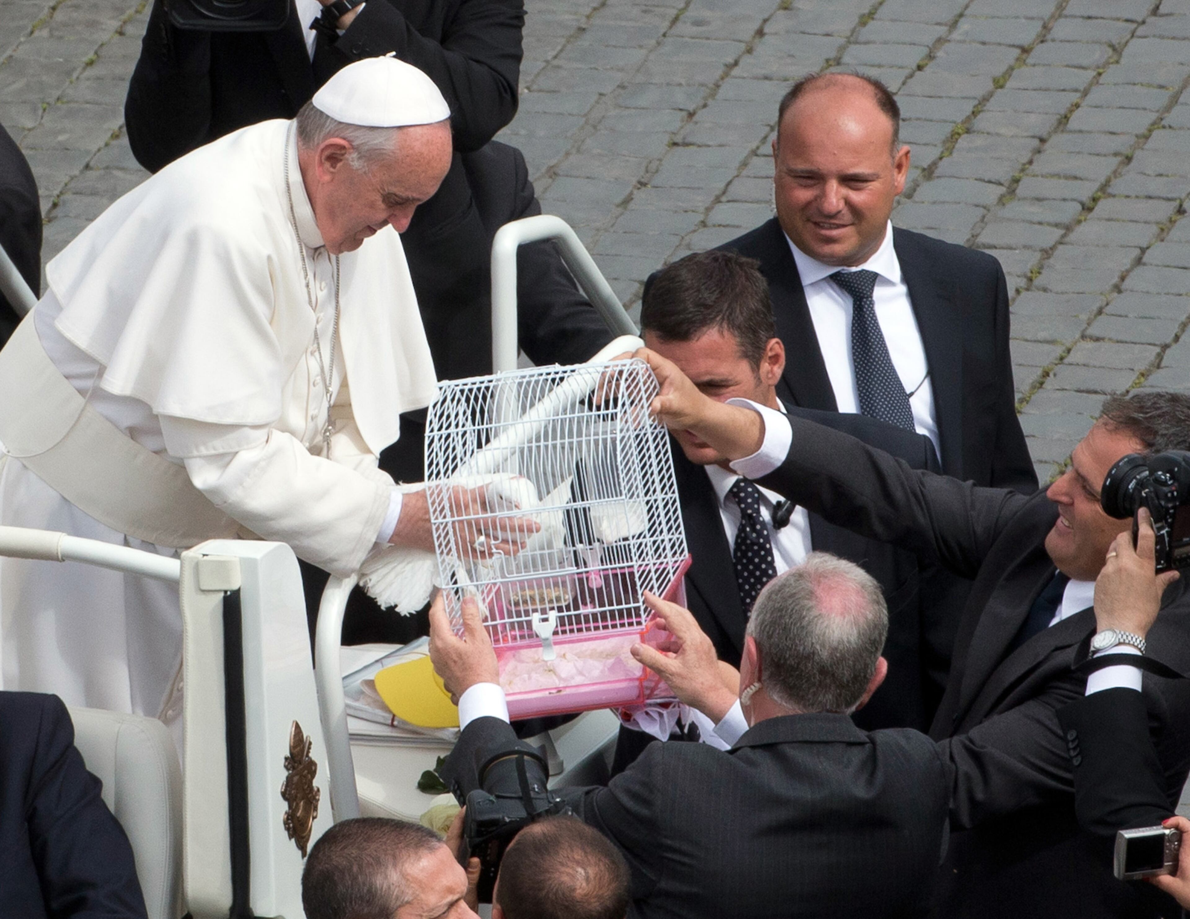 Pope Francis takes a dove out of a cage to free it during his weekly general audience in St. Peter Square at the Vatican, Wednesday, May 15, 2013. As Francis toured the square in his open-topped popemobile at his Wednesday audience with the public, someone at the edge of the crowd thrust a white bird cage at him. Looking puzzled, his security detail took the cage, containing a pair of white doves, and handed it to Francis. Without hesitation, the pope opened the cage door, thrust a hand inside and extracted one dove, and with a flick of his hand, sent the bird flying over the square. (AP Photo/Alessandra Tarantino)