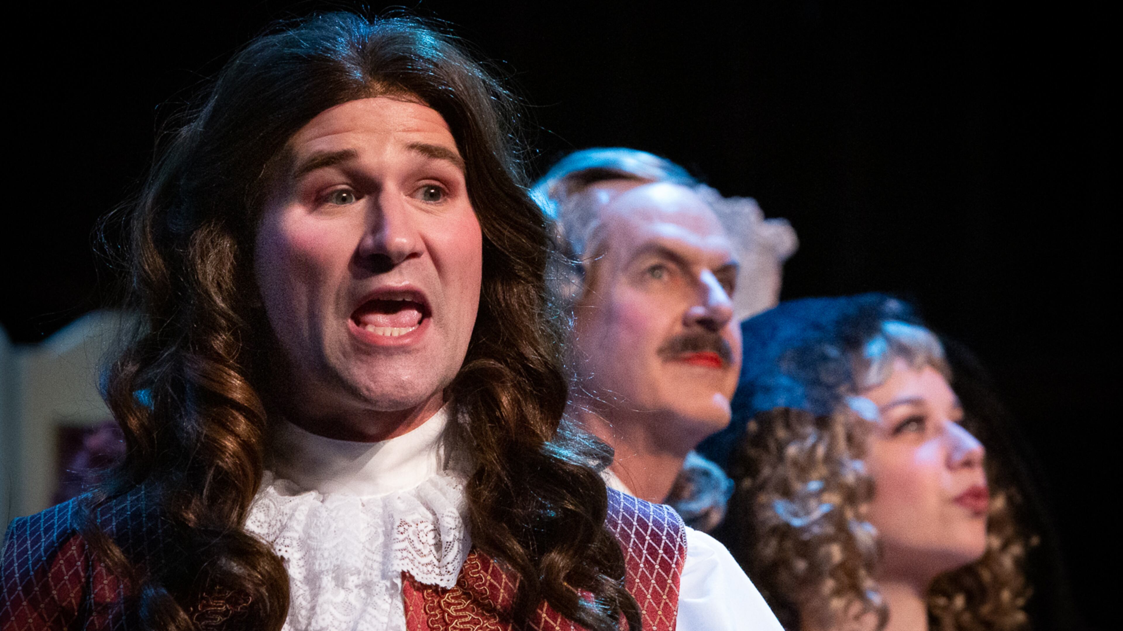 Eric Lang (from left), Jeffrey Watkins and Kaley Pharr play out a Restoration-era love triangle in “The Country Wife.”