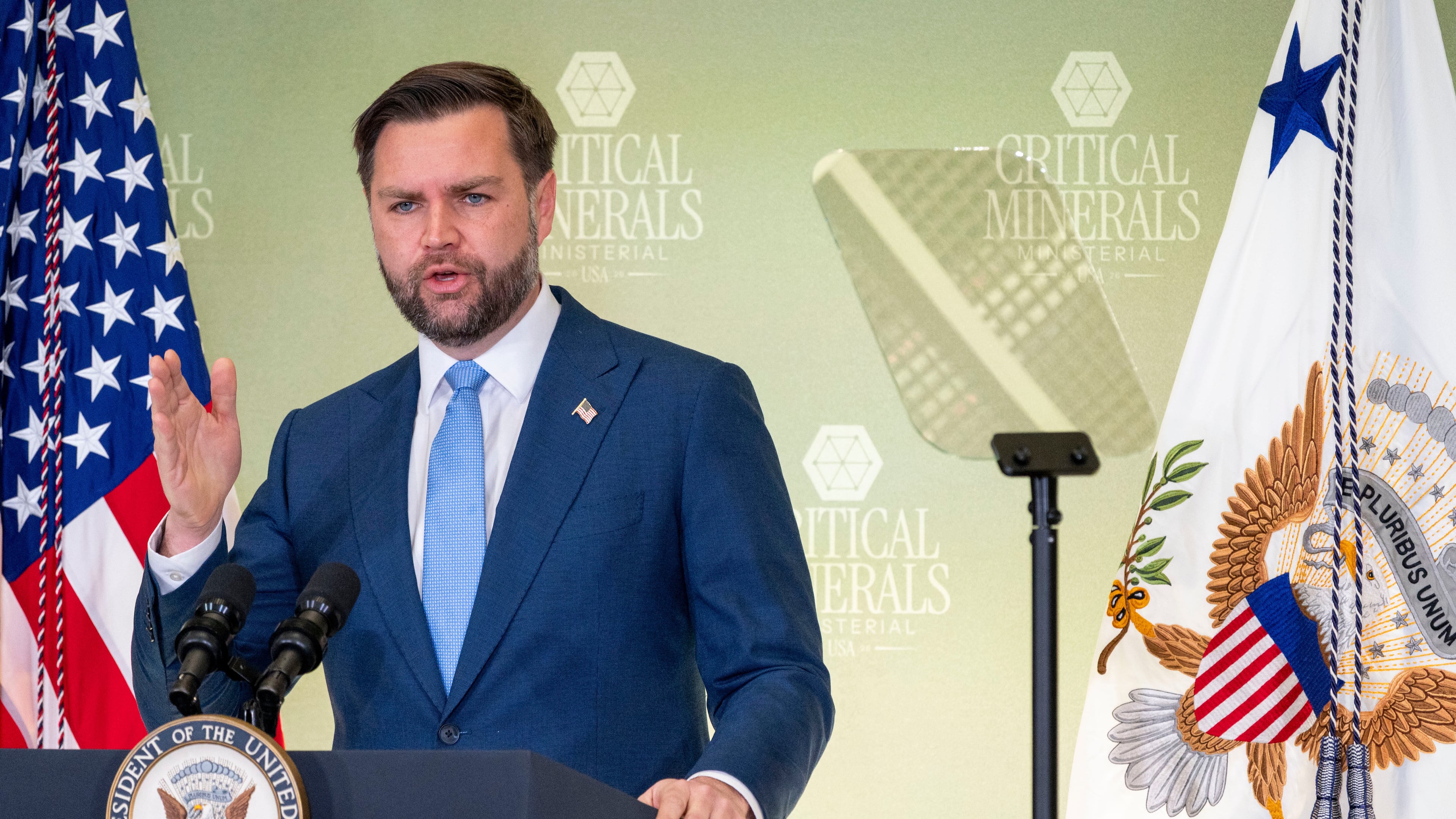 Vice President JD Vance speaks at the Critical Minerals Ministerial meeting at the State Department, Wednesday, Feb. 4, 2026 in Washington. (AP Photo/Kevin Wolf)