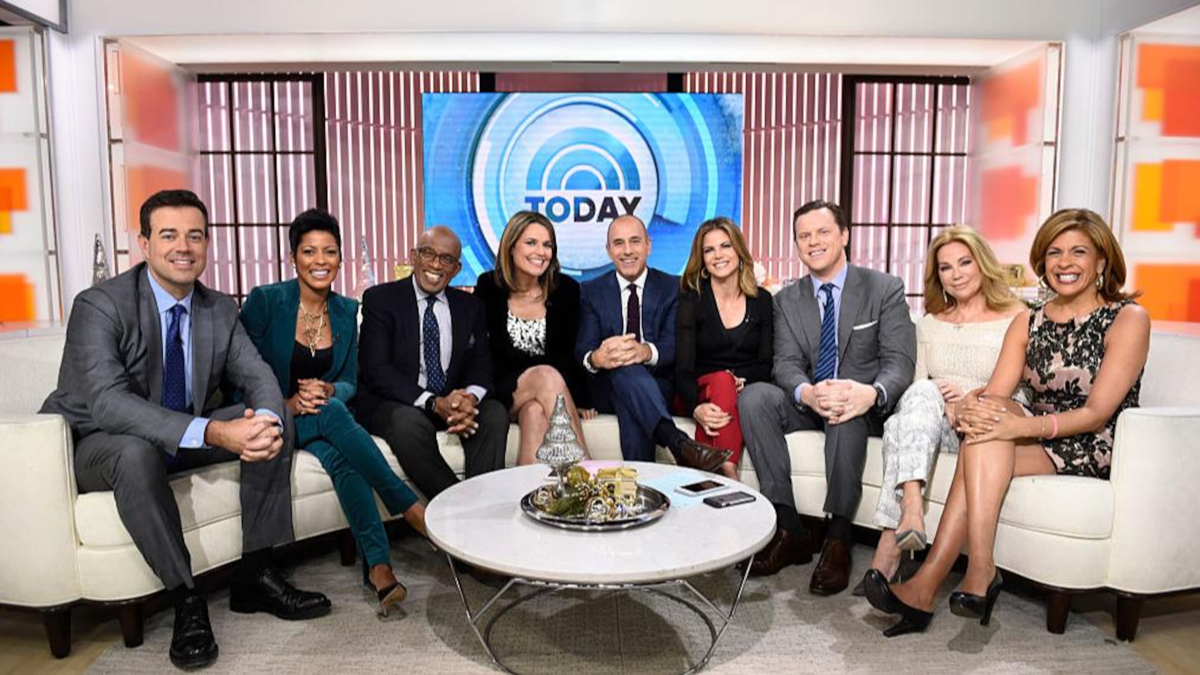 The hosts of the ‘Today’ show in 2015 pictured from left to right. Carson Daly, Tamron Hall, Al Roker, Savannah Guthrie, Matt Lauer, Natalie Morales, Willie Geist, Kathie Lee Gifford and Hoda Kotb appear.