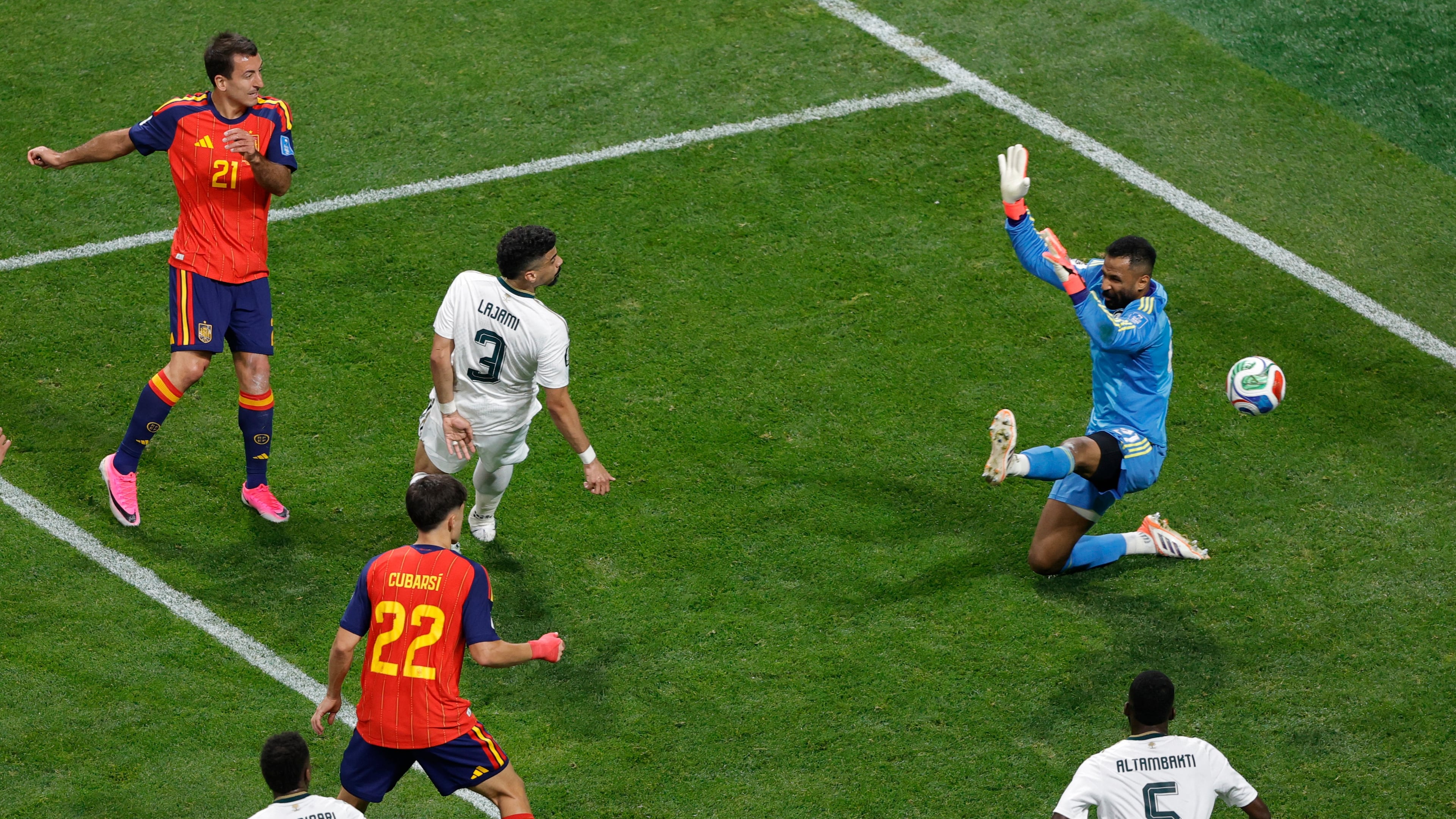 Spain's Mikel Oyarzabal, top left, scores his side's second goal against Saudi Arabia during the World Cup Group H soccer match in Atlanta, Sunday, June 21, 2026. (AP Photo/Butch Dill)
