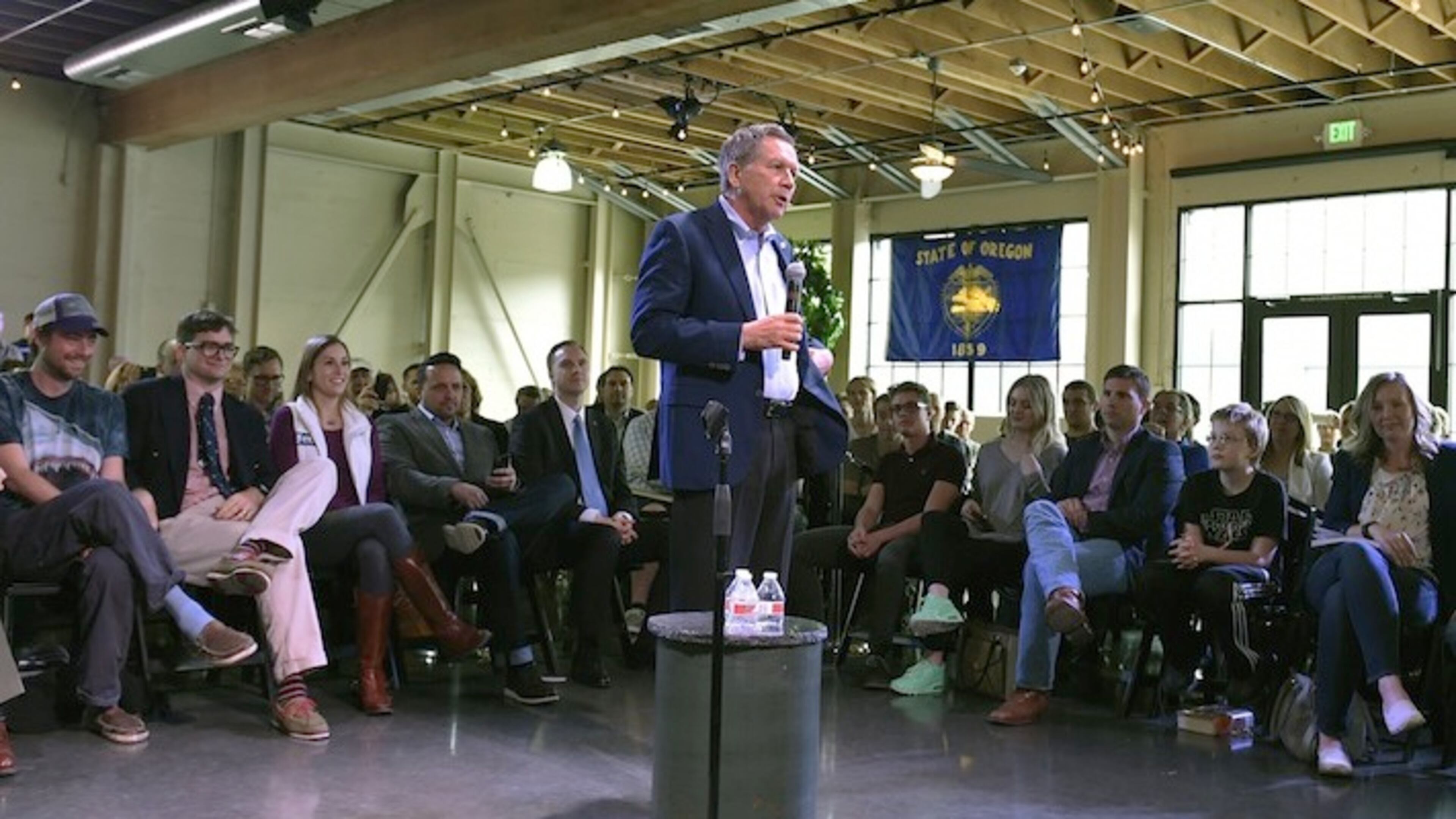Republican presidential candidate Ohio Gov. John Kasich speaks at a town hall meeting in Portland, Ore., Thursday, April 28, 2016. (AP Photo/Steve Dykes)
