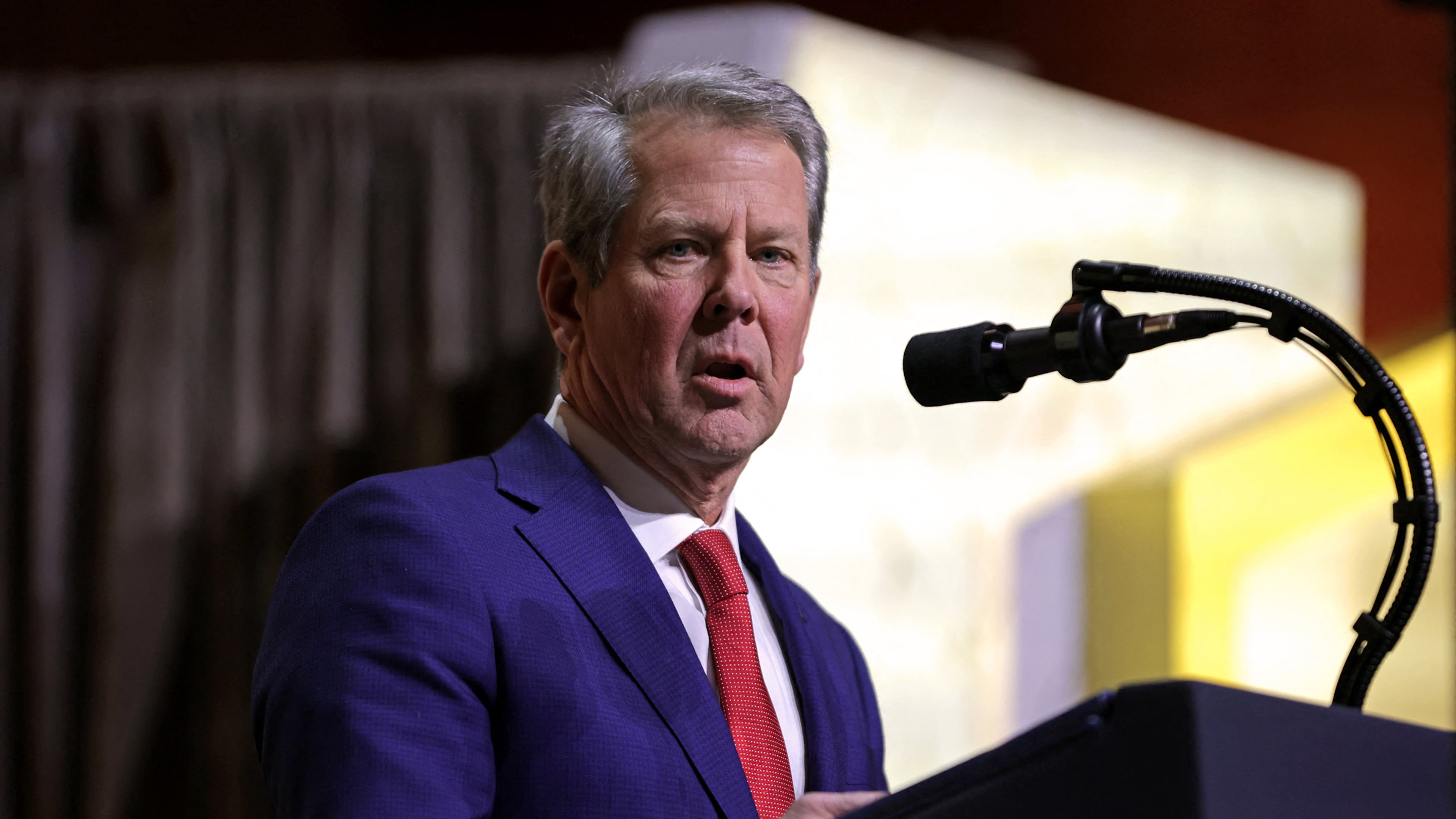 Georgia Gov. Brian Kemp speaks during a meeting of the Republican Governors Association at the National Building Museum in Washington, D.C., on Feb. 20, 2025. (Samuel Corum/AFP via Getty Images/TNS)