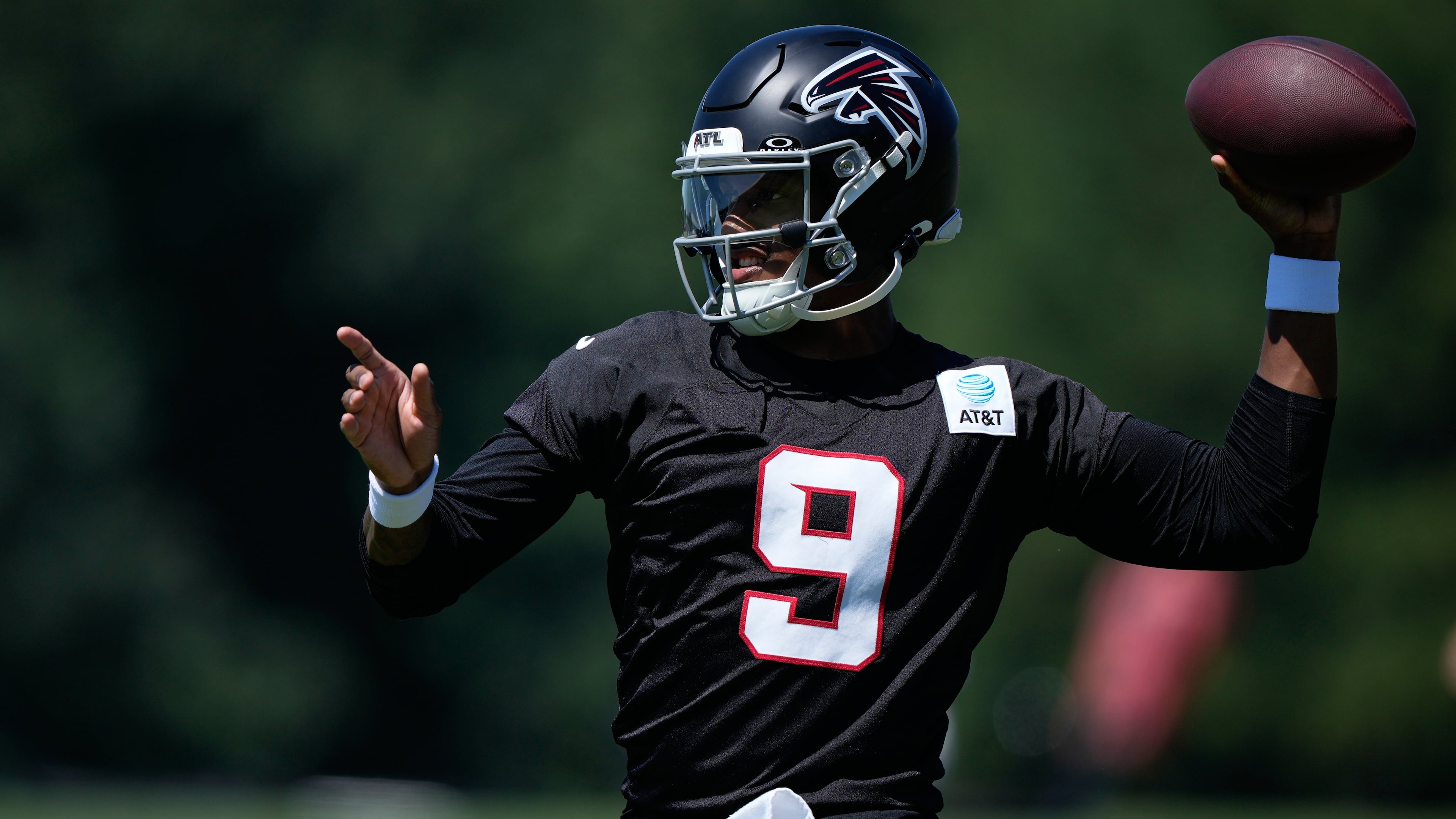 Atlanta Falcons quarterback Michael Penix Jr. runs drills during an NFL football training camp practice Monday, Aug. 24, 2026, in Flowery Branch, Ga. (Brynn Anderson/AP)