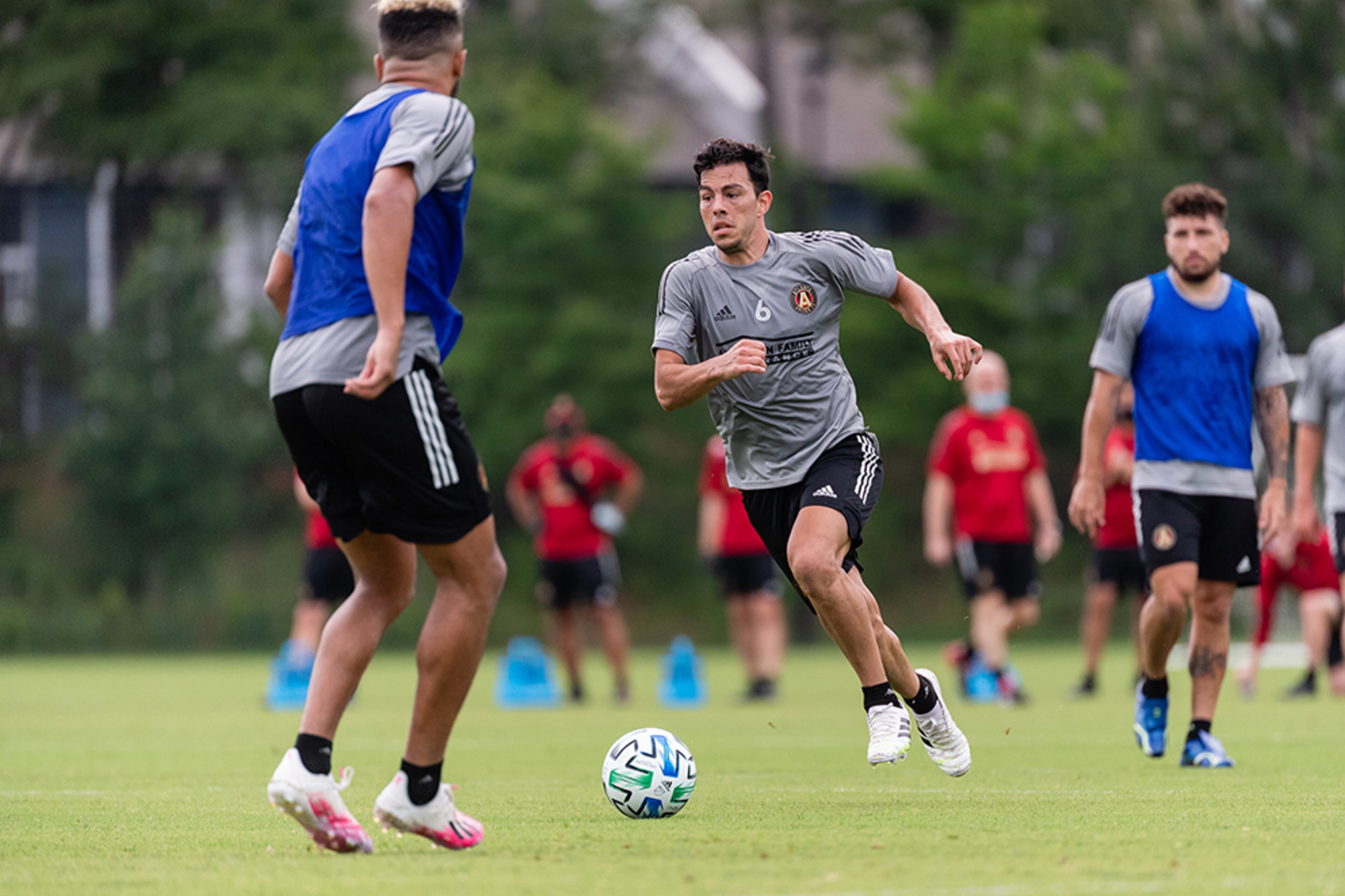 Atlanta United defender Fernando Meza dribbles the ball during full team training Monday June 8, 2020, at the team's training facility in Marietta.