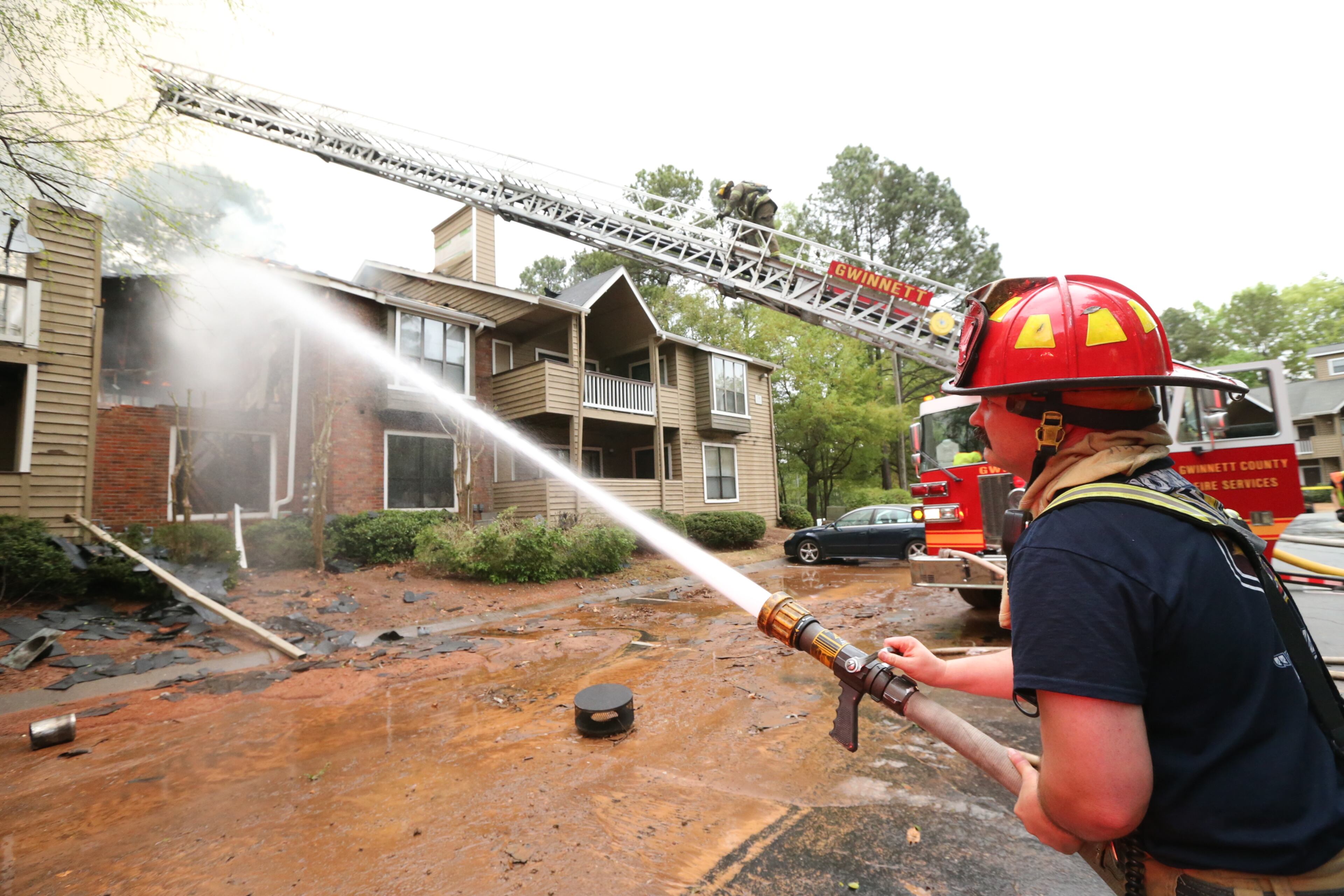 A predawn fire Monday heavily damaged an apartment building near Norcross. The fire at The Reserve at Peachtree Corners complex on Ashley Run Court was called in at 3:07 a.m., and when firefighters arrived five minutes later, they found "massive fire," with several apartments already engulfed in flames, Gwinnett fire Capt. Tommy Rutledge said.