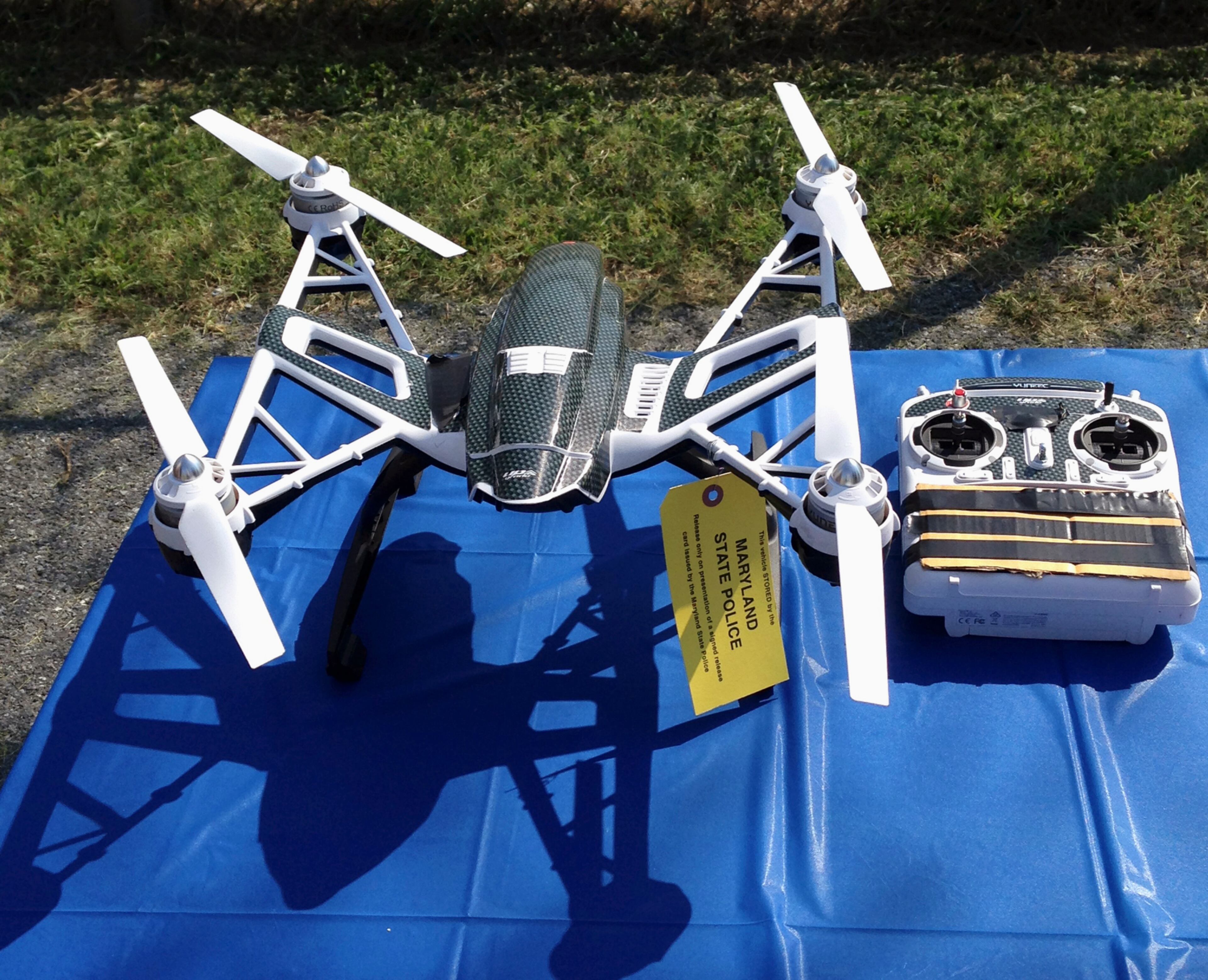 Maryland State Police and prison officials says two men planned to usethis Yuneec Typhoon drone and controller to smuggle drugs, tobacco and pornography videos into the maximum-security Western Correctional Institution near Cumberland, Md., in 2014. (AP Photo/David Dishneau, File)