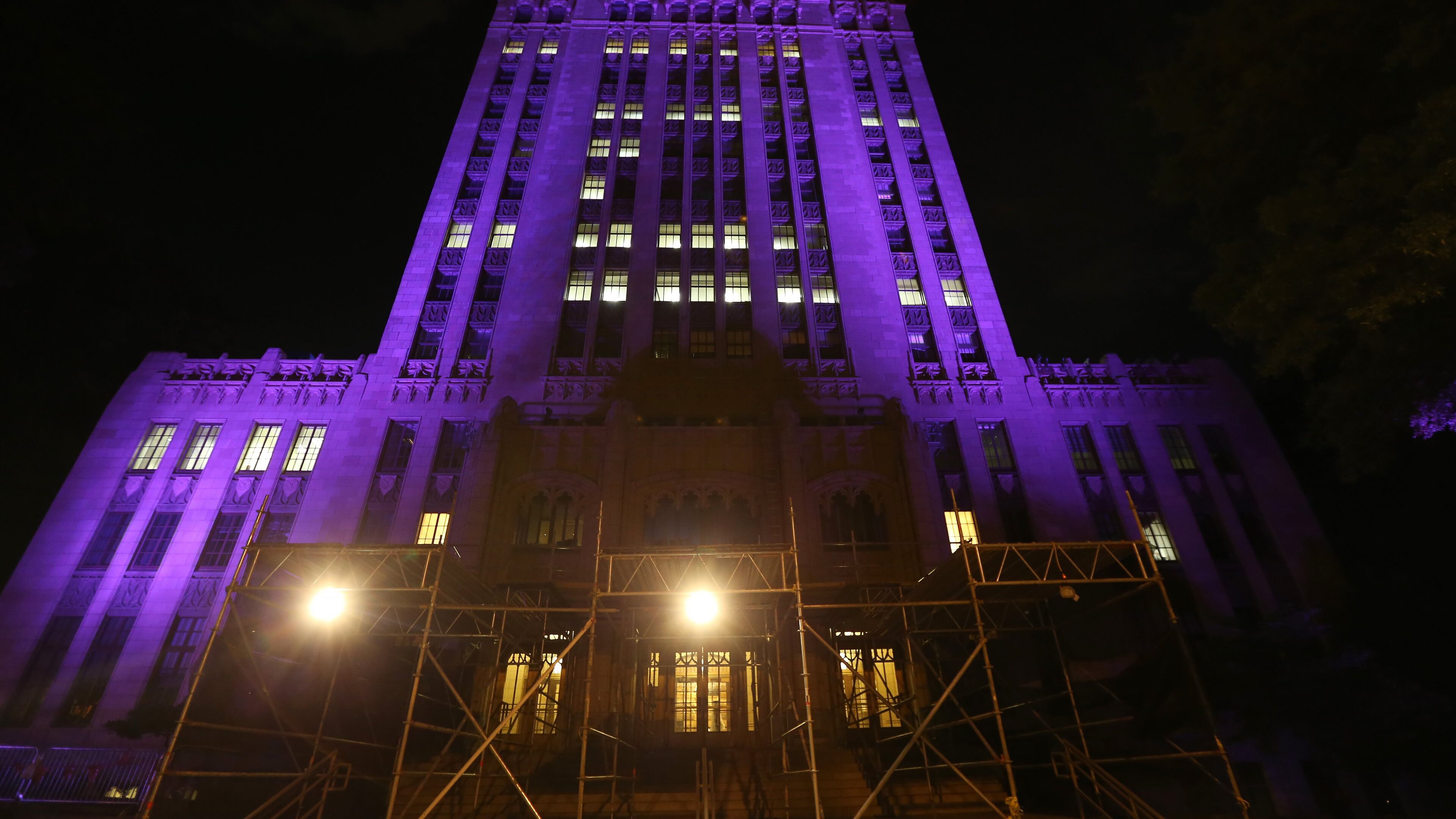 Atlanta City Hall is lit in purple in remembrance of Prince on Friday night April 22, 2016, the day after the musical superstar was found dead in his Minnesota home. Ben Gray / bgray@ajc.com