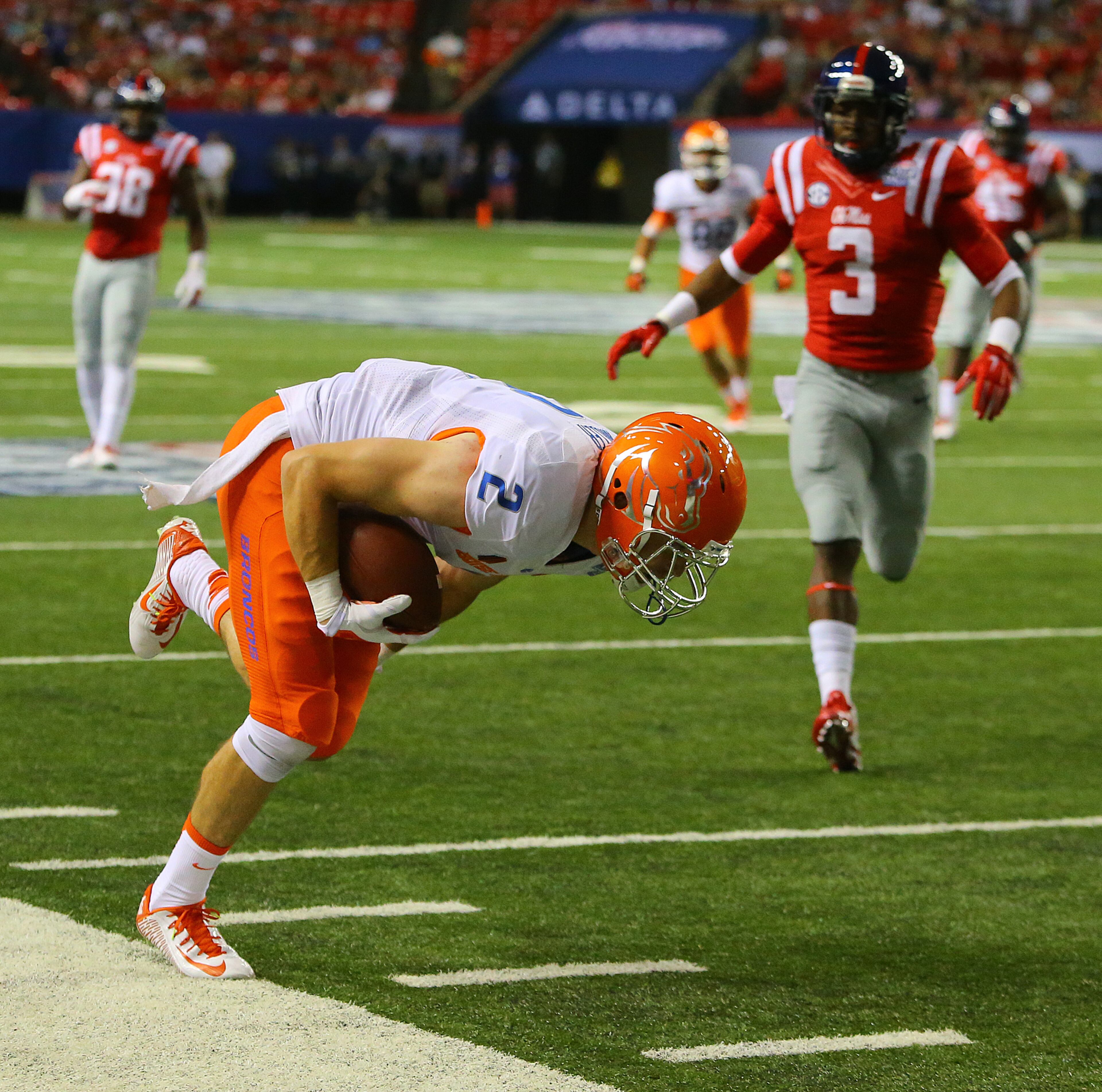 Boise State wide receiver Matt Miller steps out of bounds on a reception short of the goal line during the first quarter against Ole Miss in their NCAA college football game in Atlanta on Thursday, August 28, 2014. CURTIS COMPTON / CCOMPTON@AJC.COM