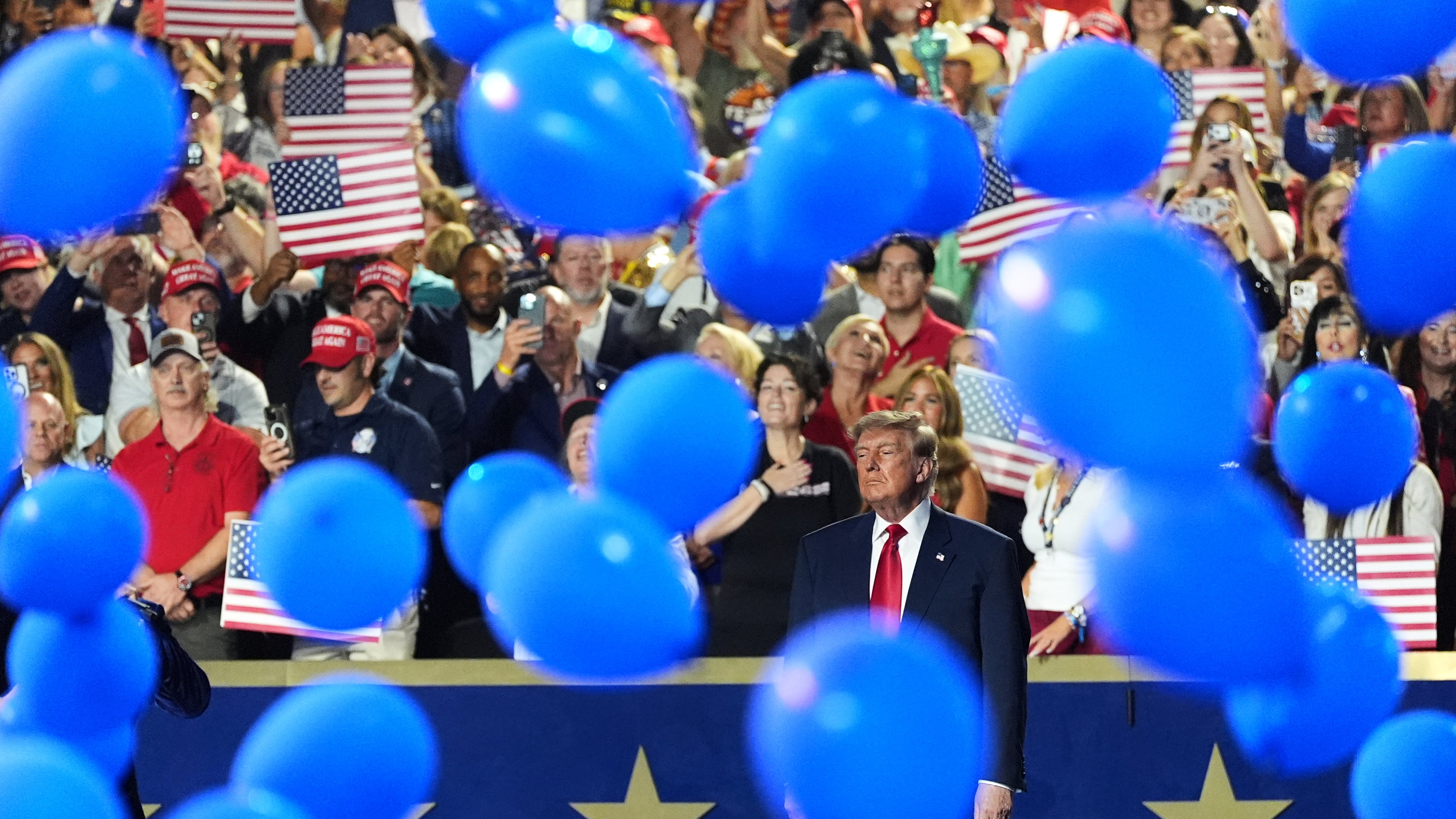President Donald Trump watches as balloons fall at the Republican convention Thursday, Sept. 10, 2026, in Dallas. (AP Photo/Alex Brandon)