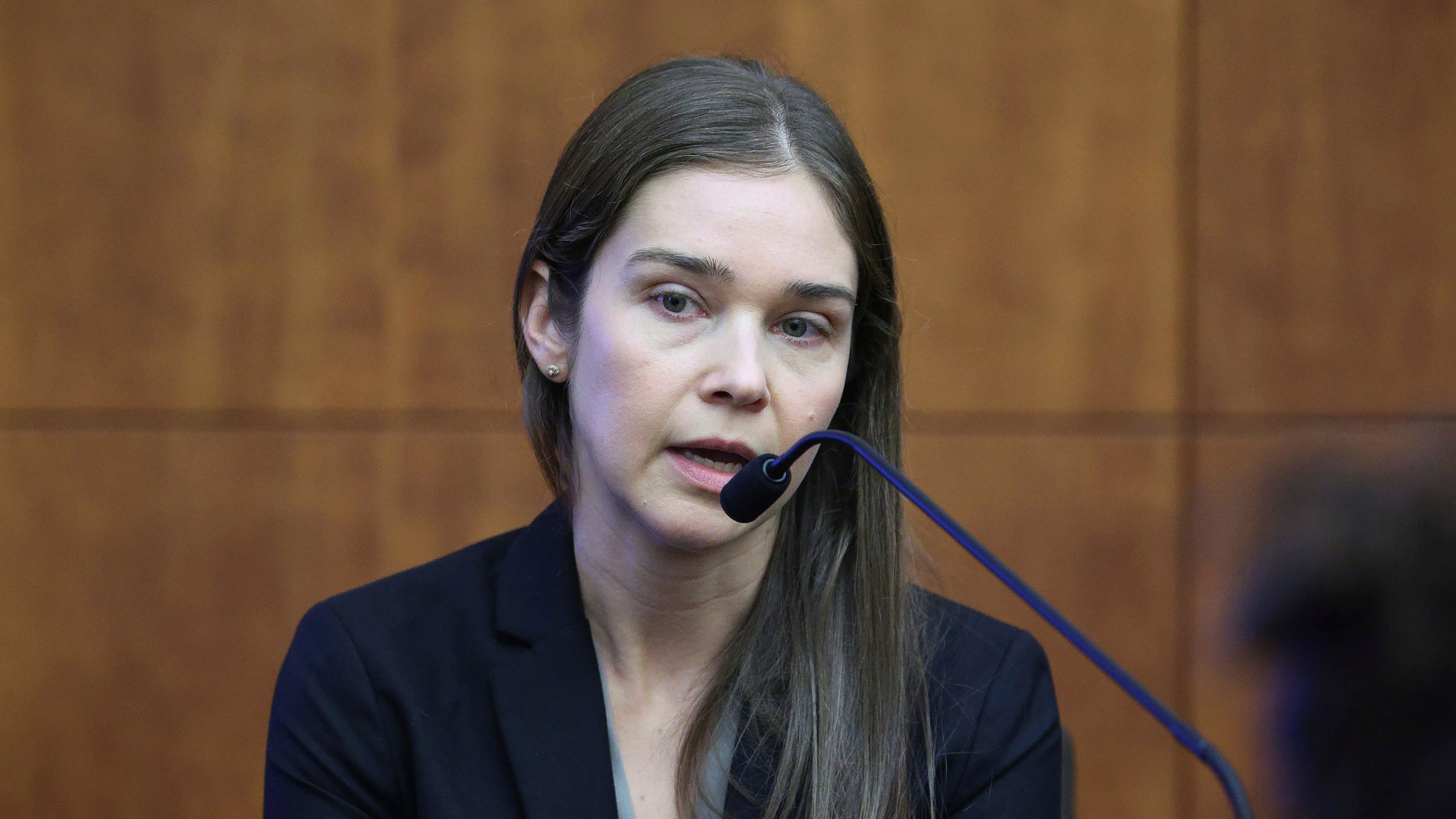 Psychiatrist Dr. Jennifer Tufts speaks on the witness stand during Lindsay Clancy's murder trial at Plymouth Superior Court in Plymouth, Mass., Monday, Aug. 10, 2026. (Greg Derr/The Patriot Ledger via AP, Pool)