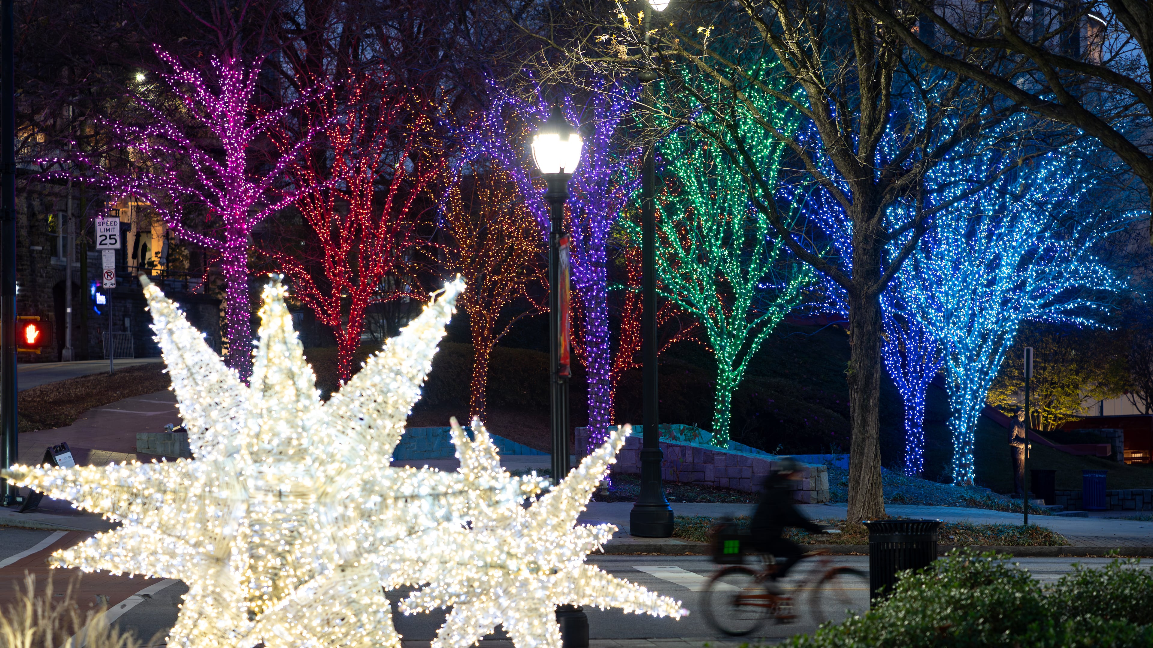 Lights are displayed outside of the Woodruff Arts Center near the intersection of Peachtree Street and 15th Street. (Ben Hendren for the AJC)