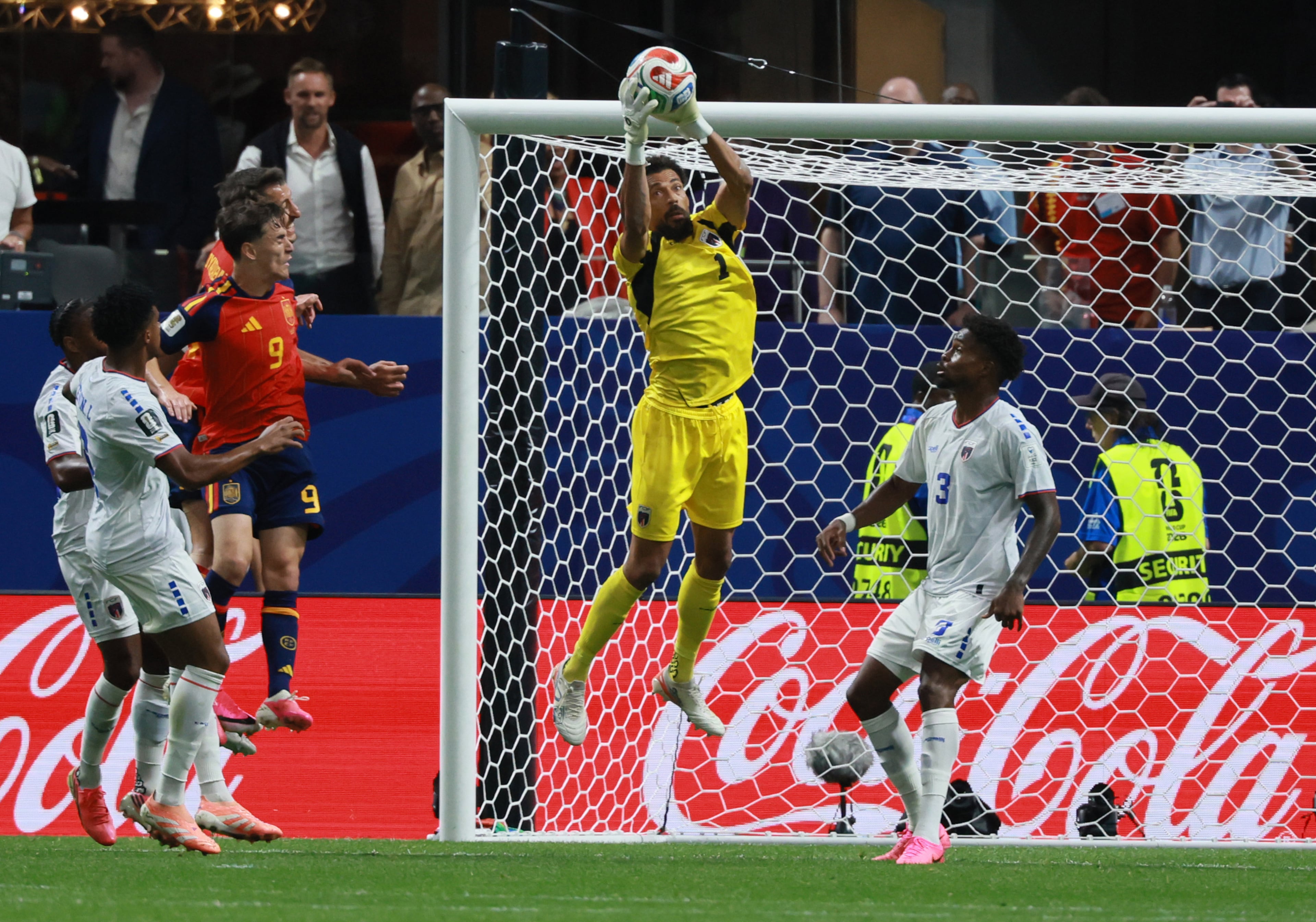 Cape Verde goalkeeper Vozinha makes a save during second half of Spain vs. Cape Verde Group H match at Atlanta Stadium (Mercedes-Benz Stadium) on Monday, June 15, 2026. (Jason Getz/AJC)