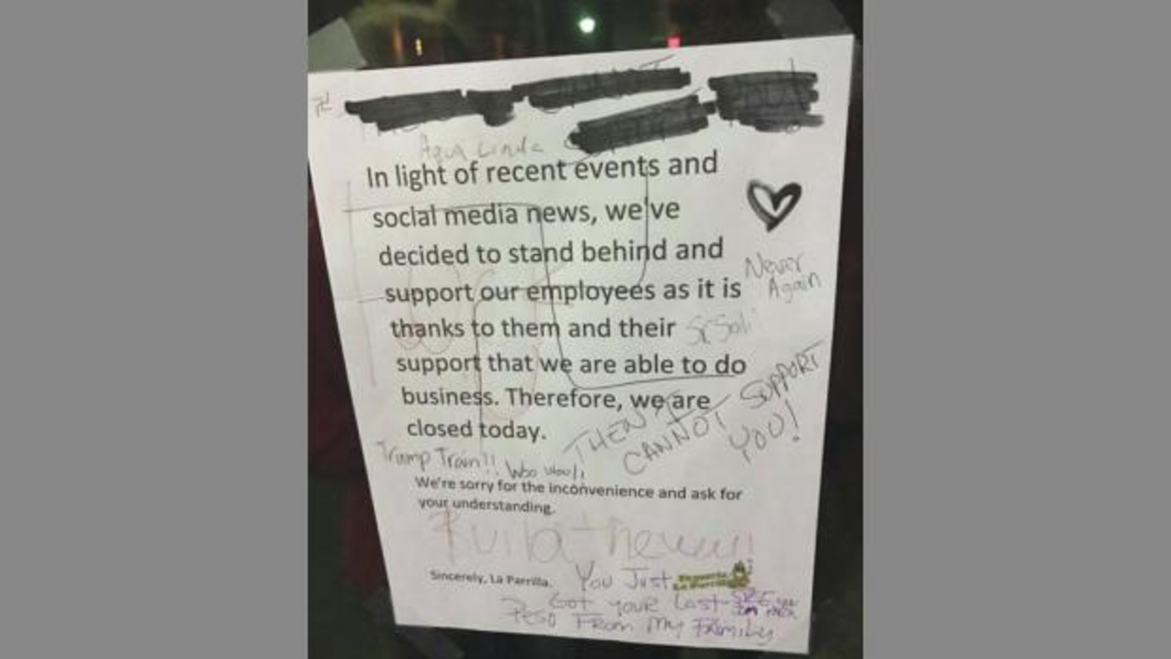 A note left by a Watkinsville restaurant was defaced. (Credit: Athens Banner-Herald)