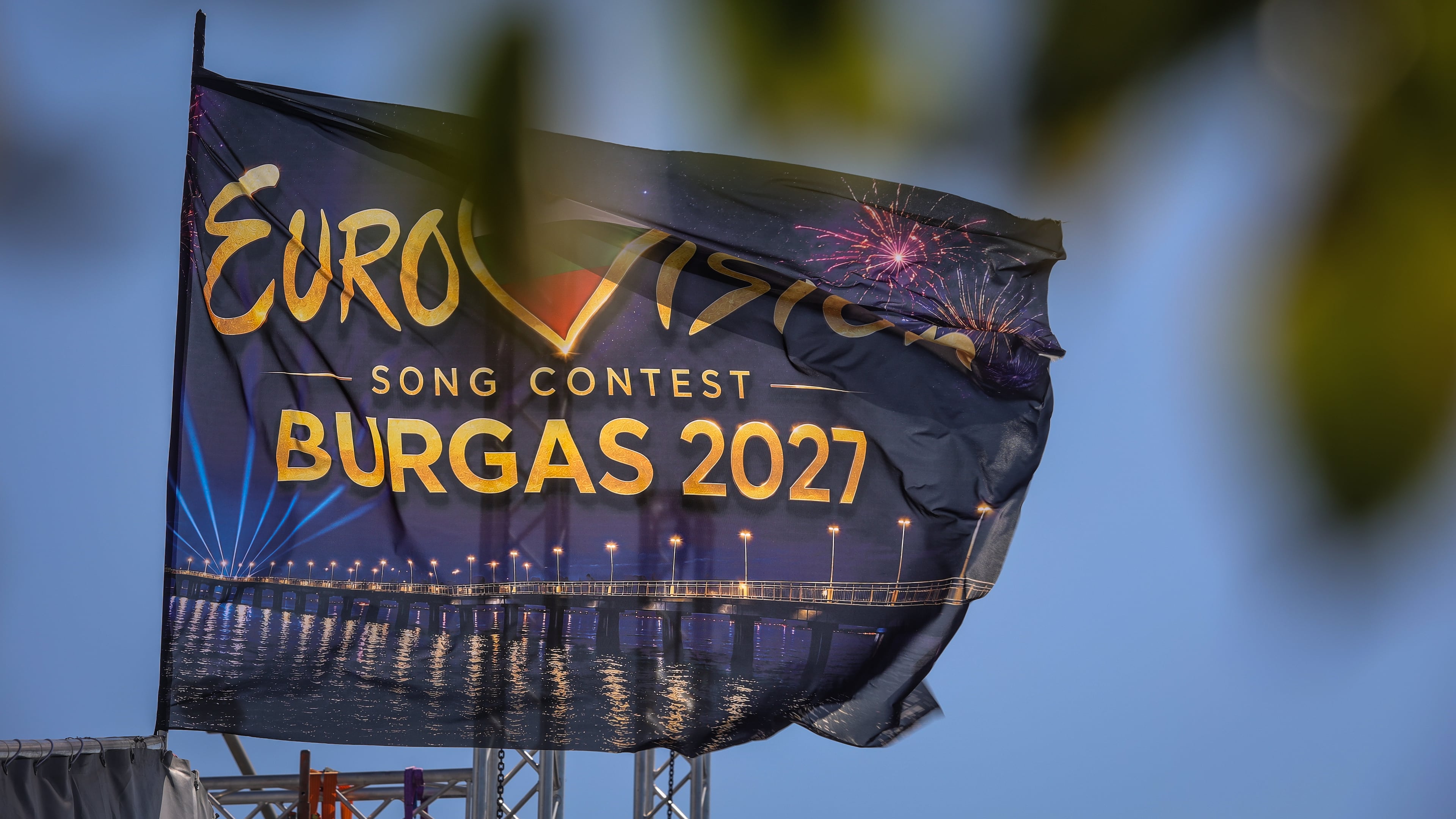 FILE - An Eurovision flag flies at the port of Burgas, on Bulgaria's Black Sea coast, which will host the 71st Eurovision Song Contest in 2027, Friday, Aug. 14, 2026. (AP Photo/Valentina Petrova, File)