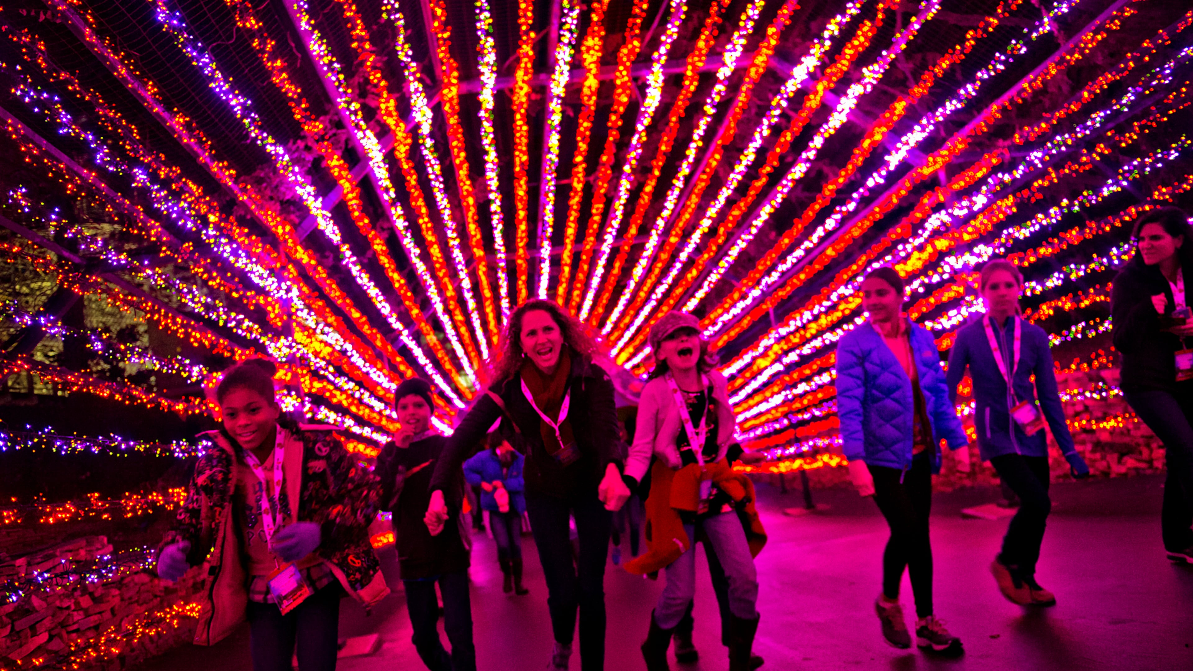 Aiden Harte (left), his mother Lisa and Eliza Peterson hold hands as they run underneath holiday lights inside Six Flags Over Georgia in Austell on Friday, November 21, 2014. The park was decorated in 10 sections of holiday lights for the first time since 1990. (Jonathan Phillips/Special)