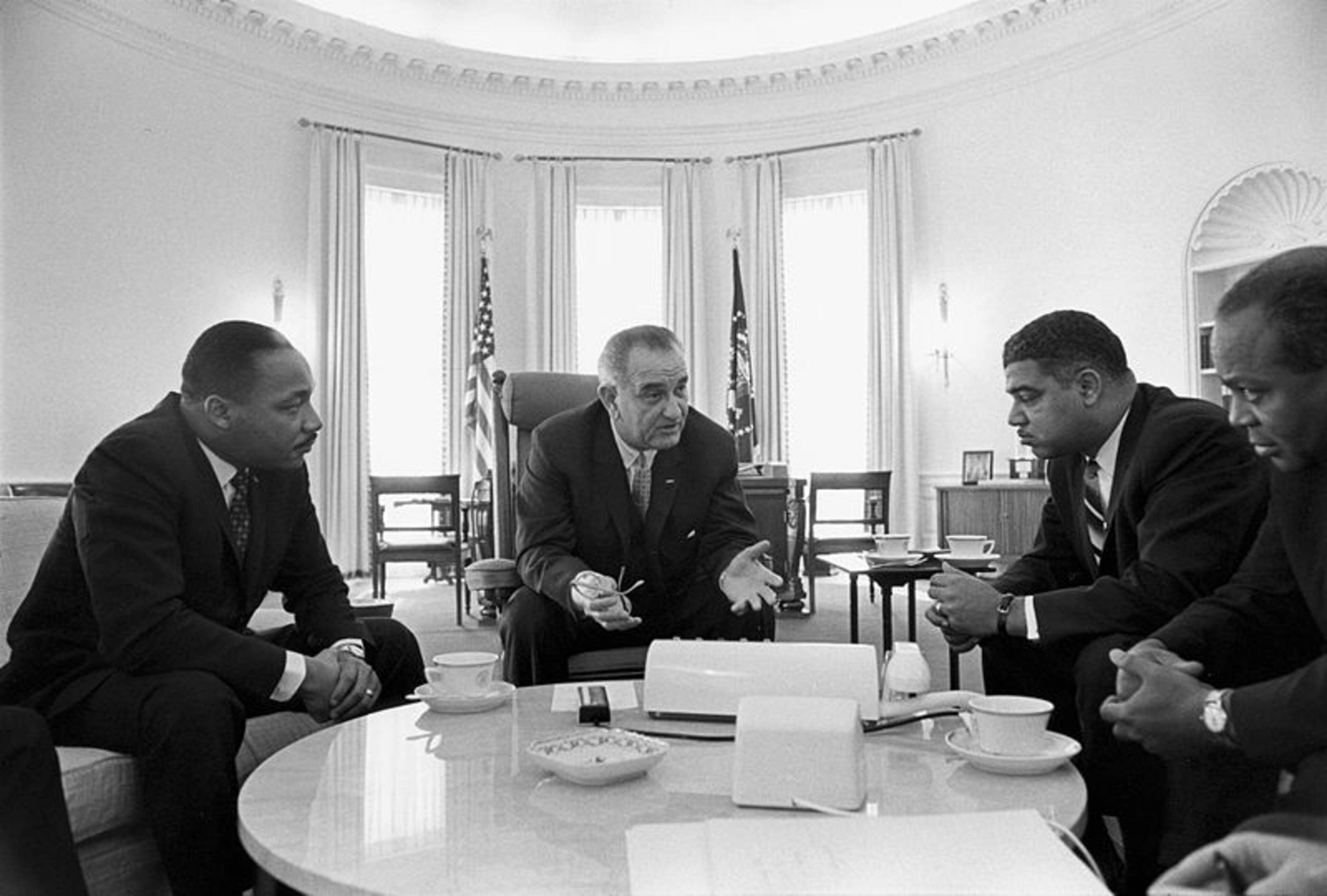 President Lyndon B. Johnson meets with Civil Rights leaders Martin Luther King, Jr., Whitney Young, James Farmer on 18 January 1964