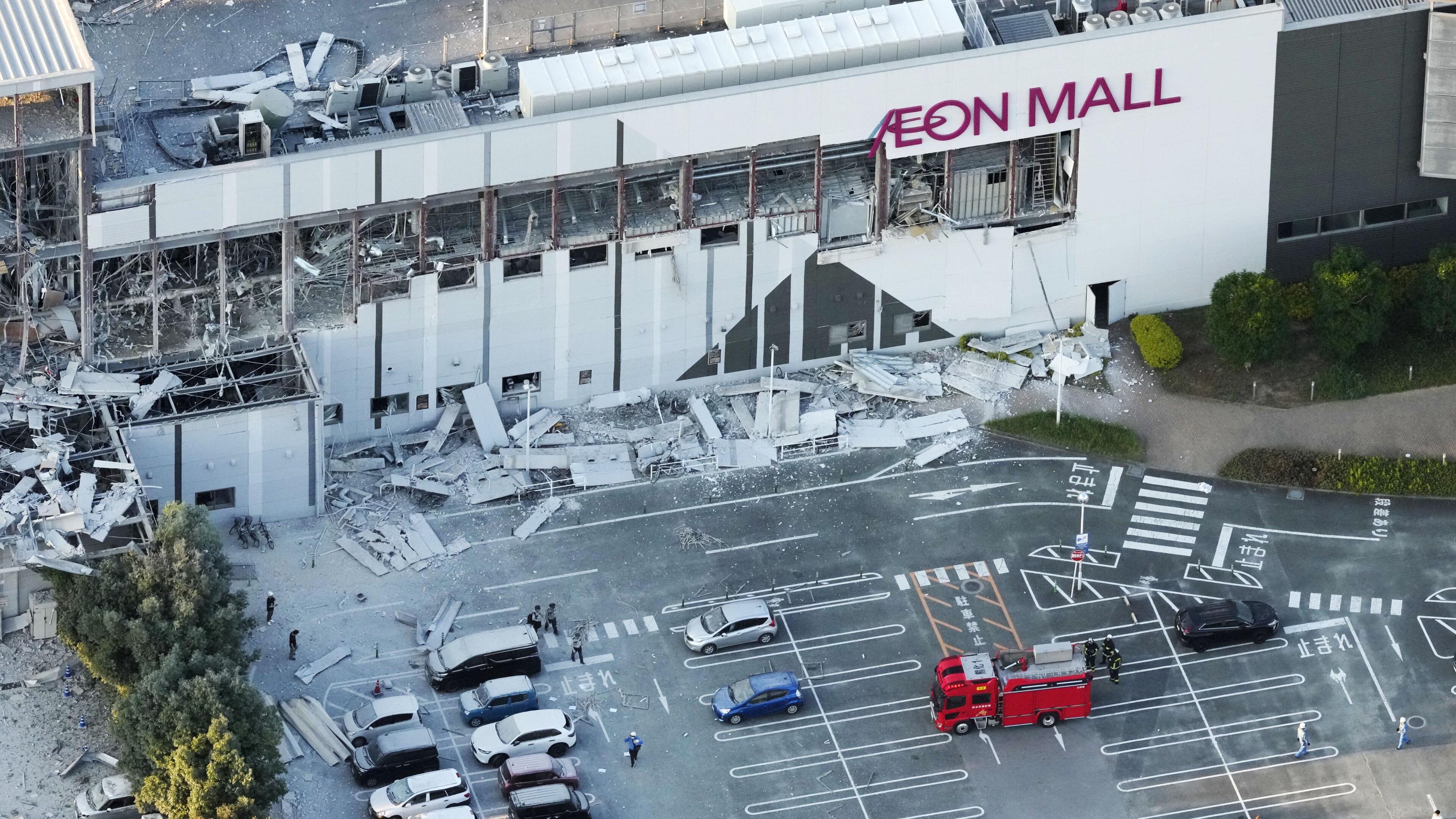 This aerial image shows the damaged AEON Mall after an earthquake in Kashima, Kumamoto prefecture, southern Japan, Tuesday, July 28, 2026. (Kyodo News via AP)