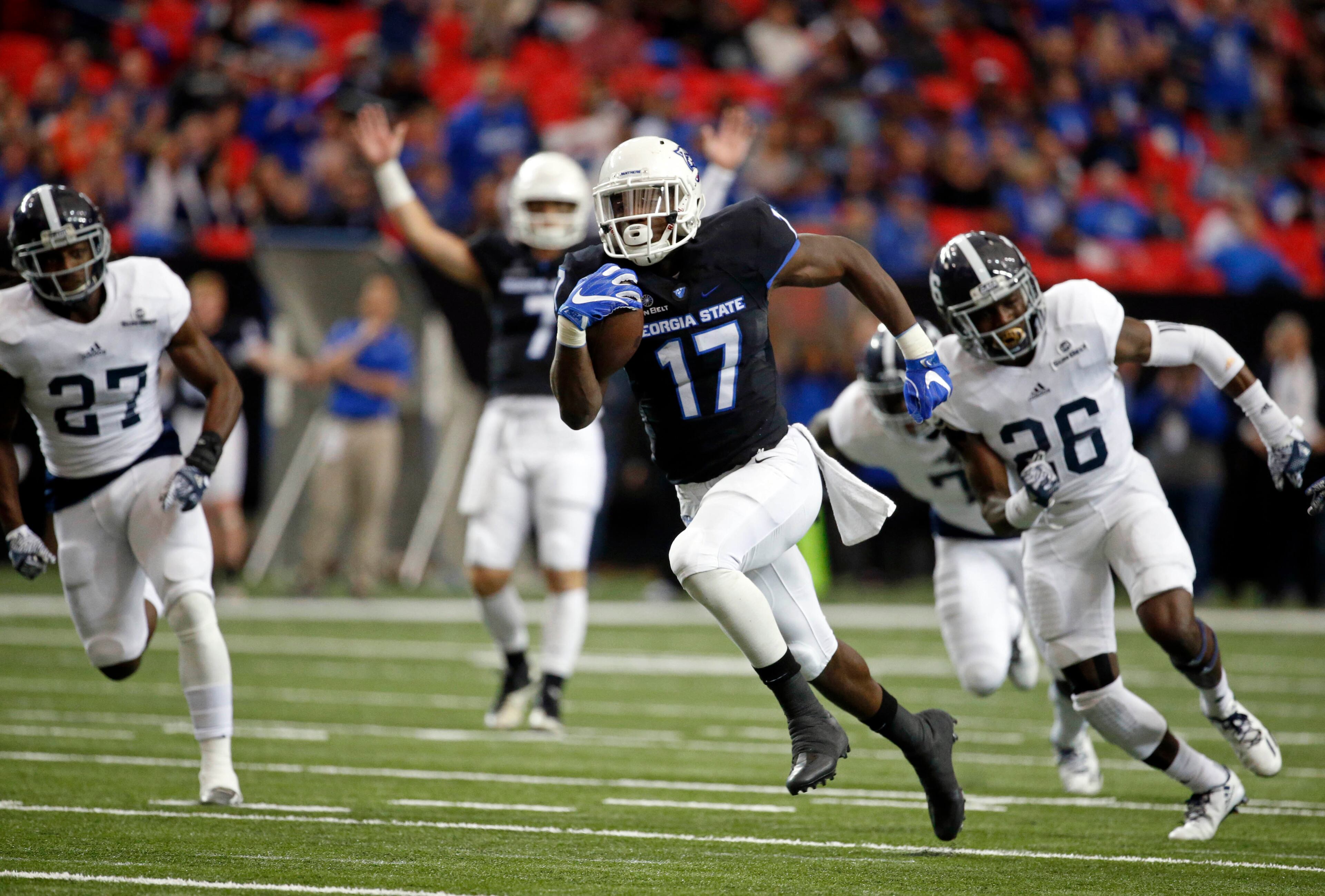 November 19, 2016 - Atlanta, Ga: Georgia State Panthers running back Glenn Smith (17) scores a touchdown against the Georgia Southern Eagles during the first half at the Georgia Dome Saturday November 19, 2016, in Atlanta, Ga. PHOTO / JASON GETZ