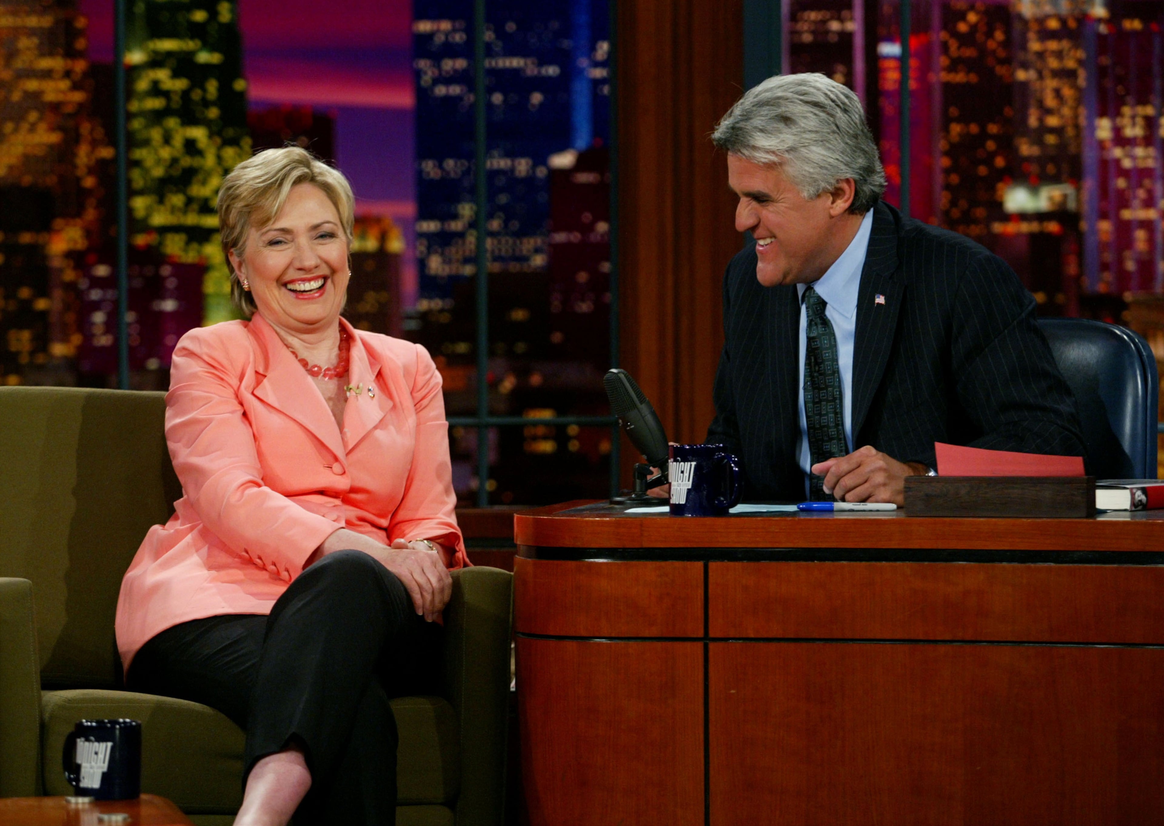 BURBANK, CA - AUGUST 4: Senator Hillary Rodham Clinton appears on the "Tonight Show with Jay Leno" at the NBC Studios August 4, 2003 in Burbank, California. (Photo by Kevin Winter/Getty Images)