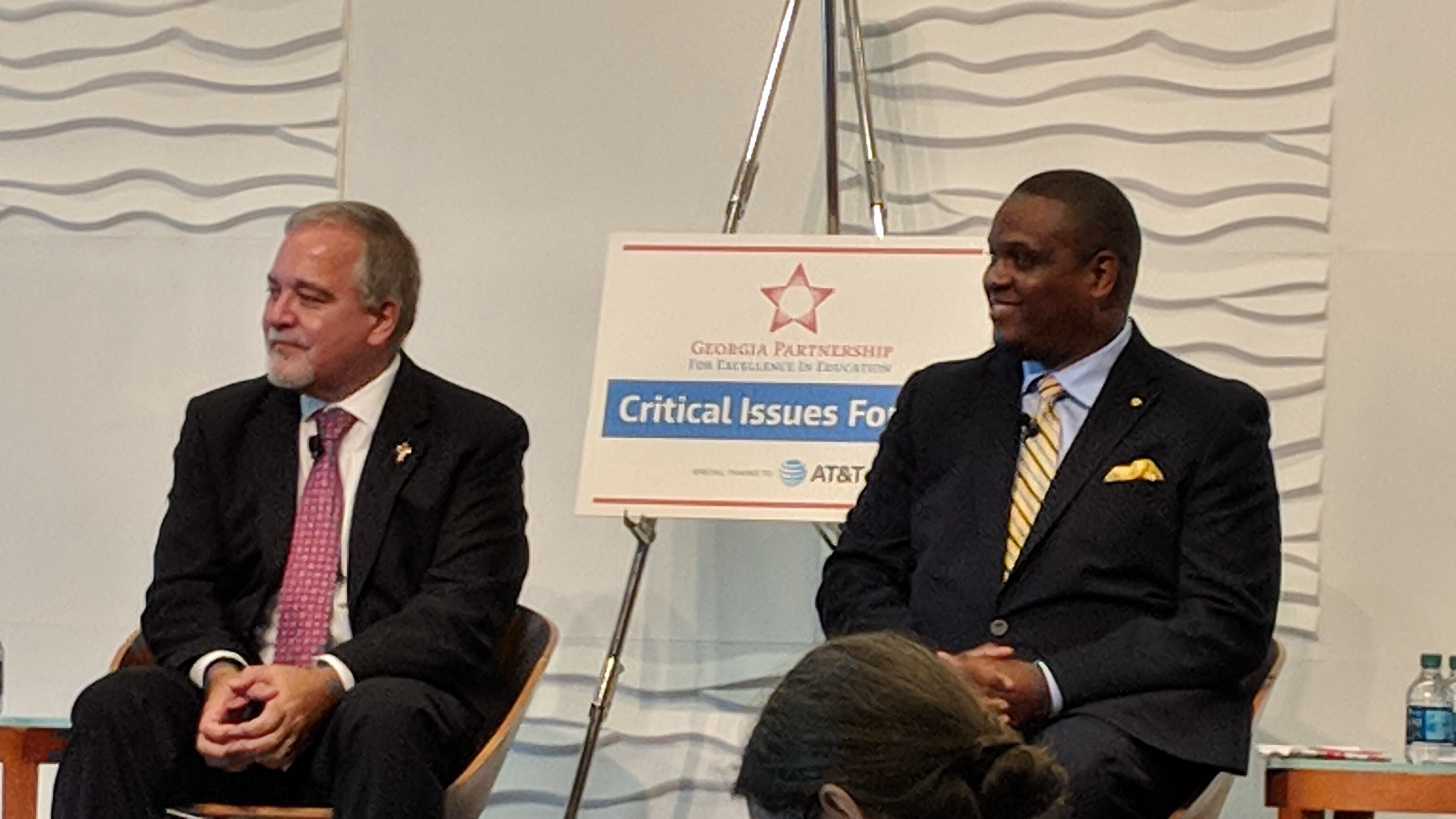 Georgia Superintendent Richard Woods (left), the GOP candidate, at election forum with challenger Otha Thornton, the Democrat