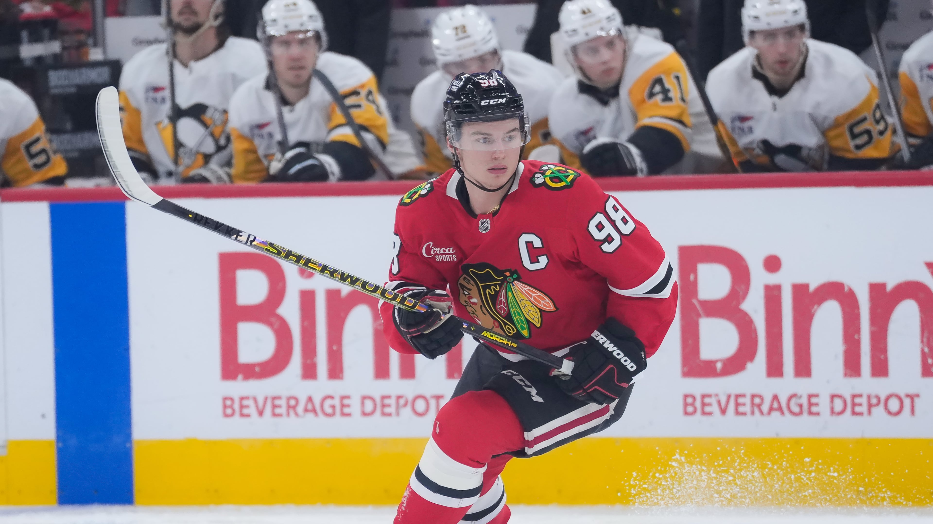 Chicago Blackhawks center Connor Bedard (98) skates during the first period of an NHL hockey game against the Pittsburgh Penguins, Tuesday, Oct. 13, 2026, in Chicago. (AP Photo/Harry Figiel)