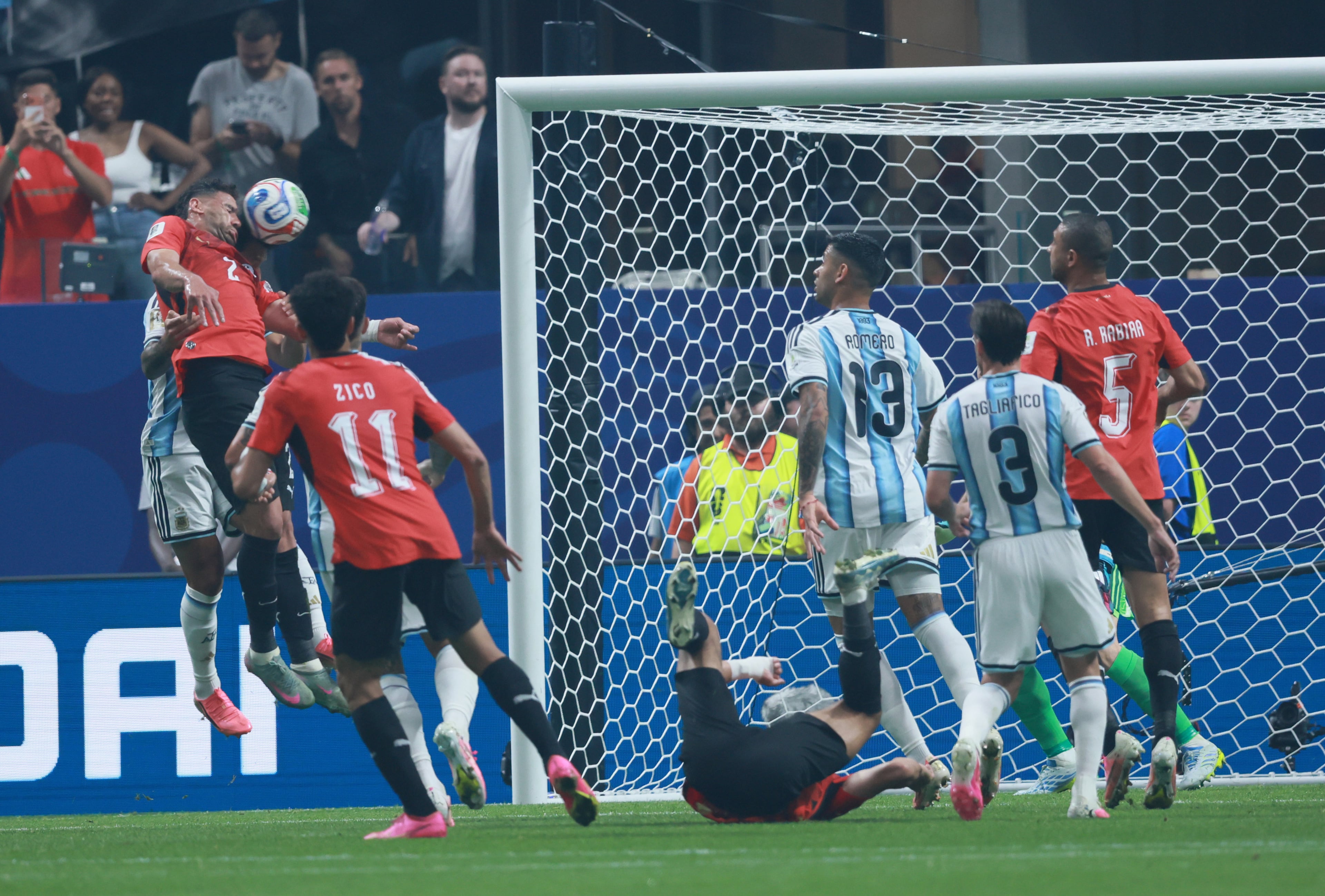 Egypt's Yasser Ibrahim heads ball into goal during first half of Argentina vs. Egypt FIFA World Cup match at Atlanta Stadium (Mercedes-Benz Stadium) on Tuesday, July 7, 2026. (Jason Getz/AJC)