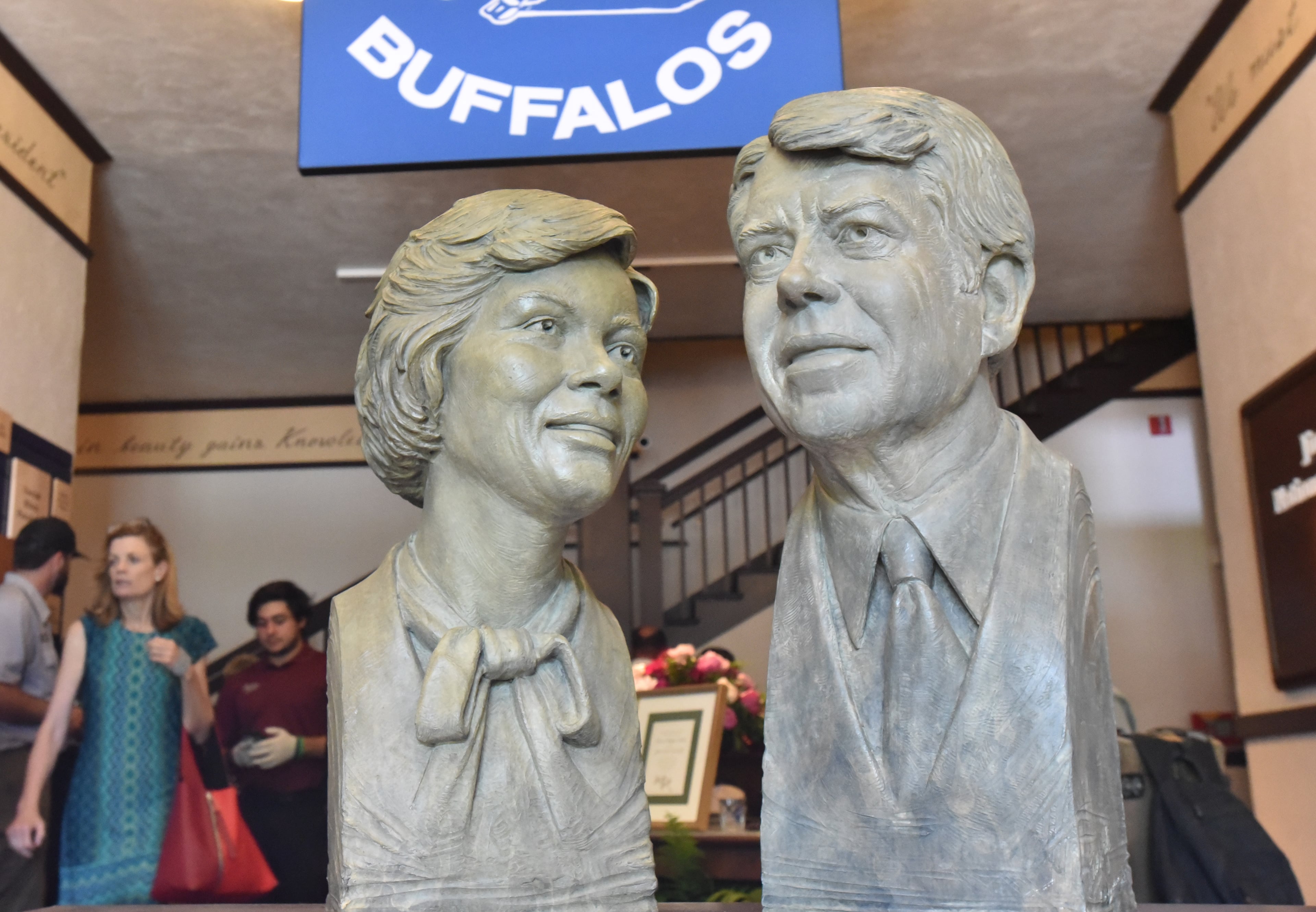 Former President Jimmy Carter and his wife, Rosalynn, celebrate their 75th wedding anniversary with a private reception for more than 300 invited guests at Plains High School in Plains - where they also are remembered in sculpture - on Saturday, July 10, 2021. (Hyosub Shin / Hyosub.Shin@ajc.com)