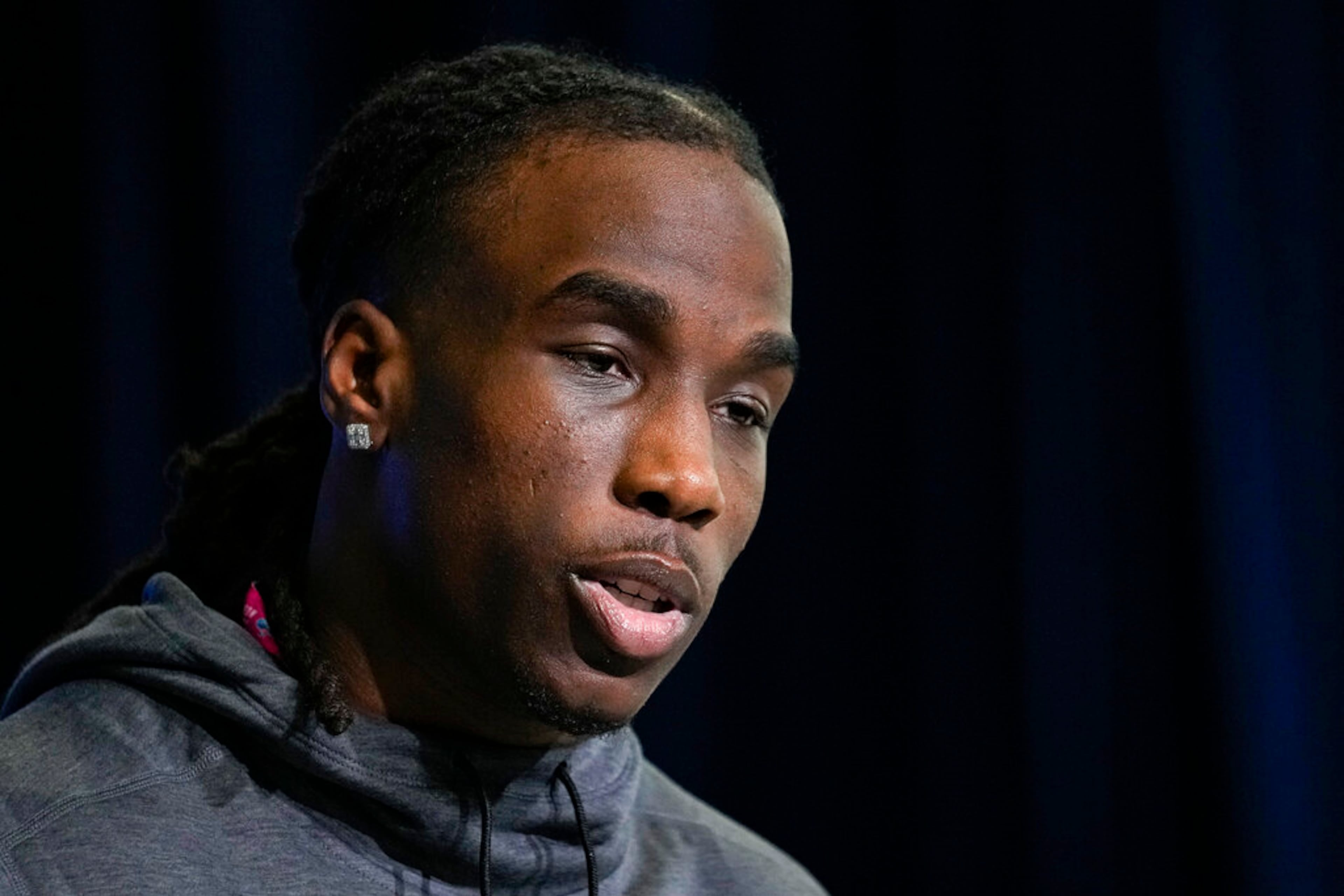 Georgia defensive back Kelee Ringo speaks during a press conference at the NFL football scouting combine in Indianapolis, Thursday, March 2, 2023. (AP Photo/Michael Conroy)
