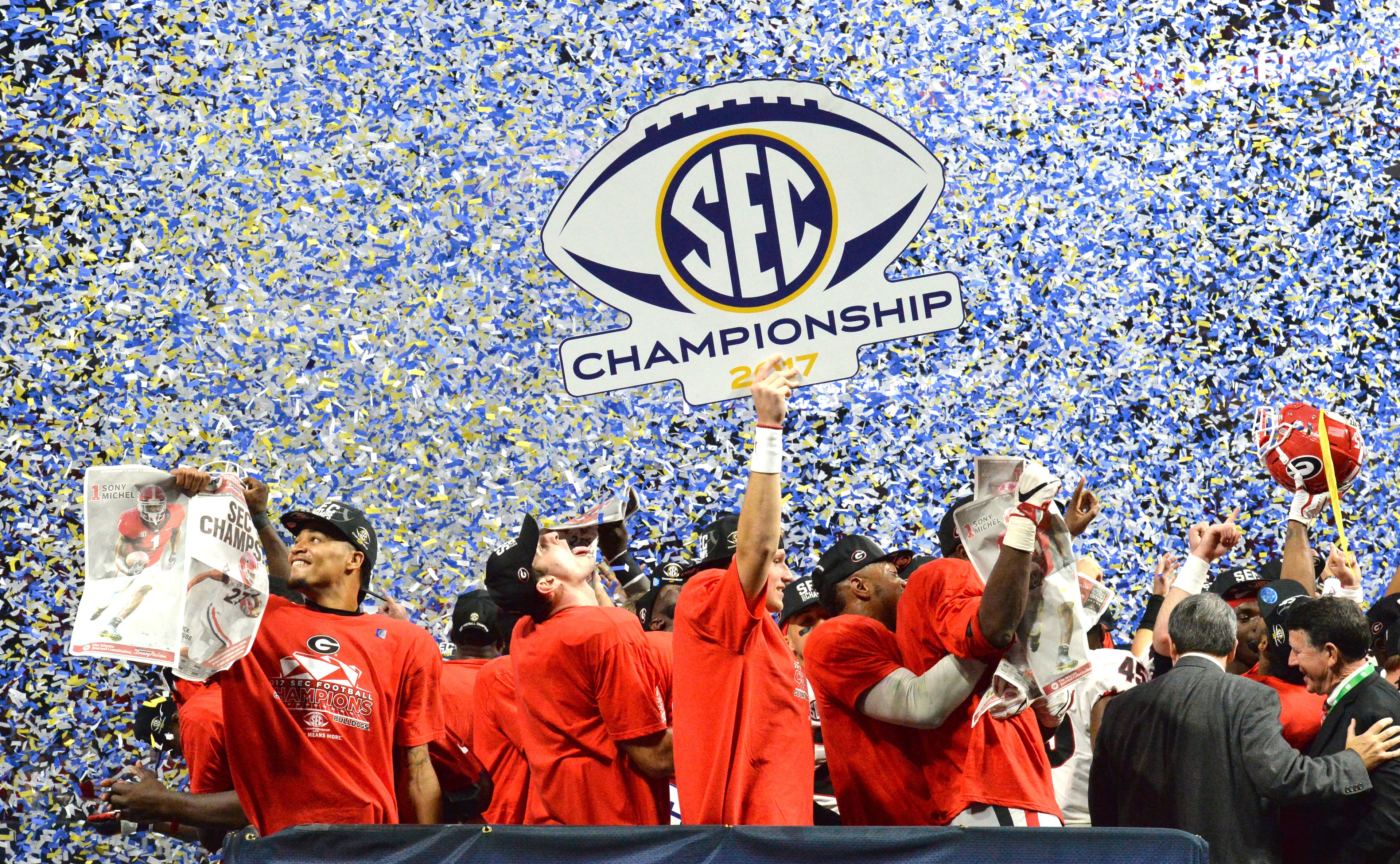 December 2, 2017 Atlanta: Georgia players celebrate after defeating the Auburn Tigers 28-7 during the Southeastern Conference championship NCAA college football game at Mercedes-Benz Stadium, December 2, 2017, in Atlanta. Hyosub Shin / hshin@ajc.com