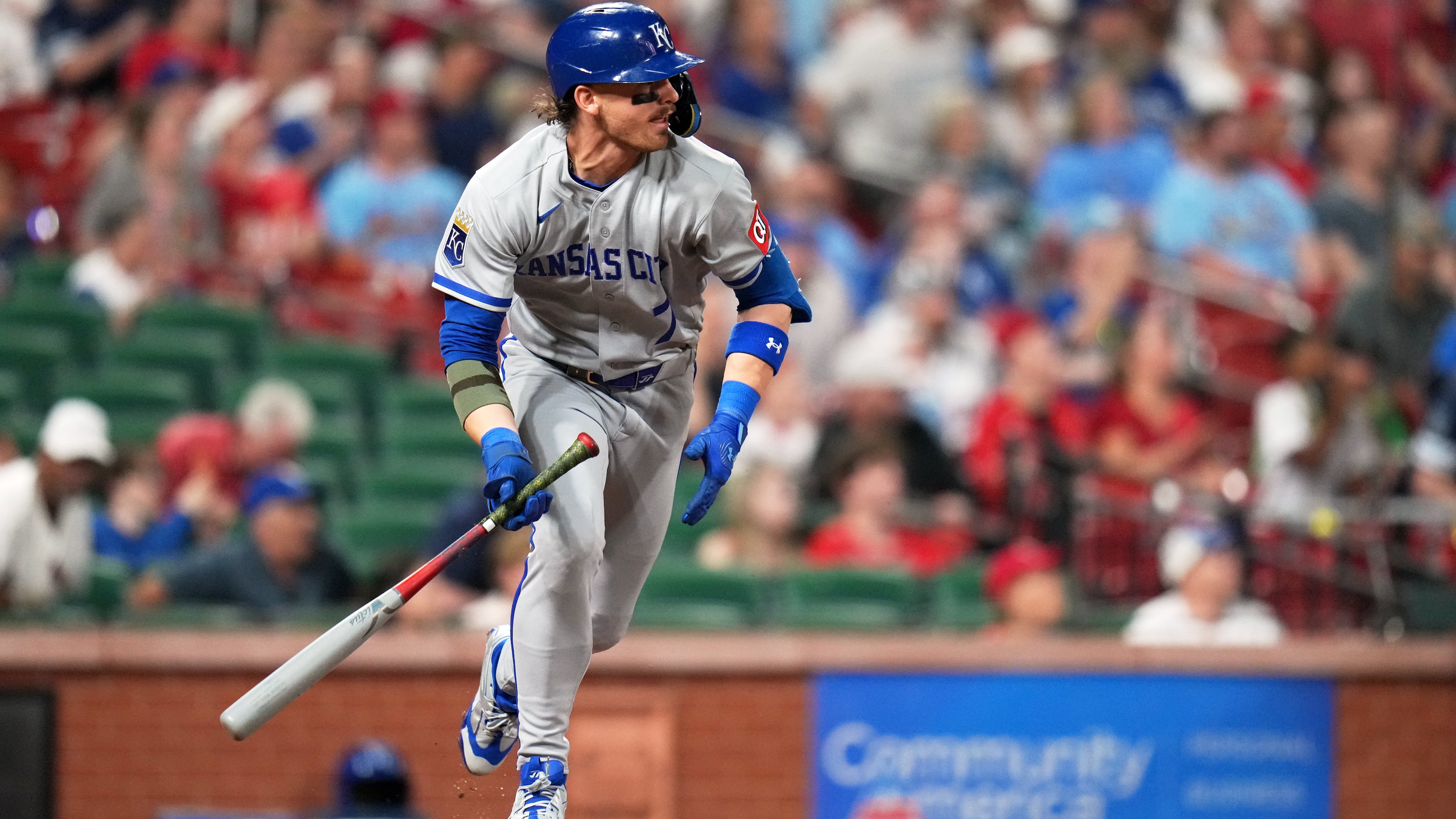 Kansas City Royals' Bobby Witt Jr. follows through on and RBI double during the 10th inning of a baseball game against the St. Louis Cardinals Friday, May 15, 2026, in St. Louis. (AP Photo/Jeff Roberson)