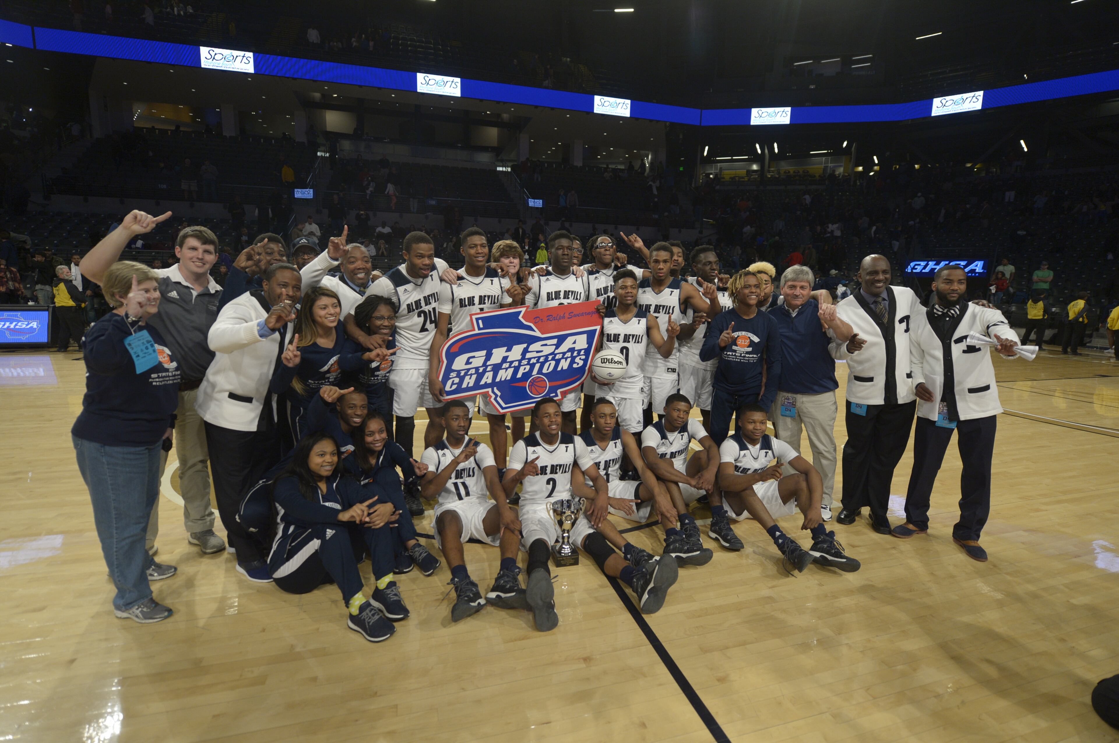 Atlanta, Ga. -- The Tift County Blue Devils celebrate their 55-52 win over Norcross in a Class AAAAAAA state championship game at Georgia Tech's McCamish Pavillion Friday, March 10, 2017. SPECIAL/Daniel Varnado