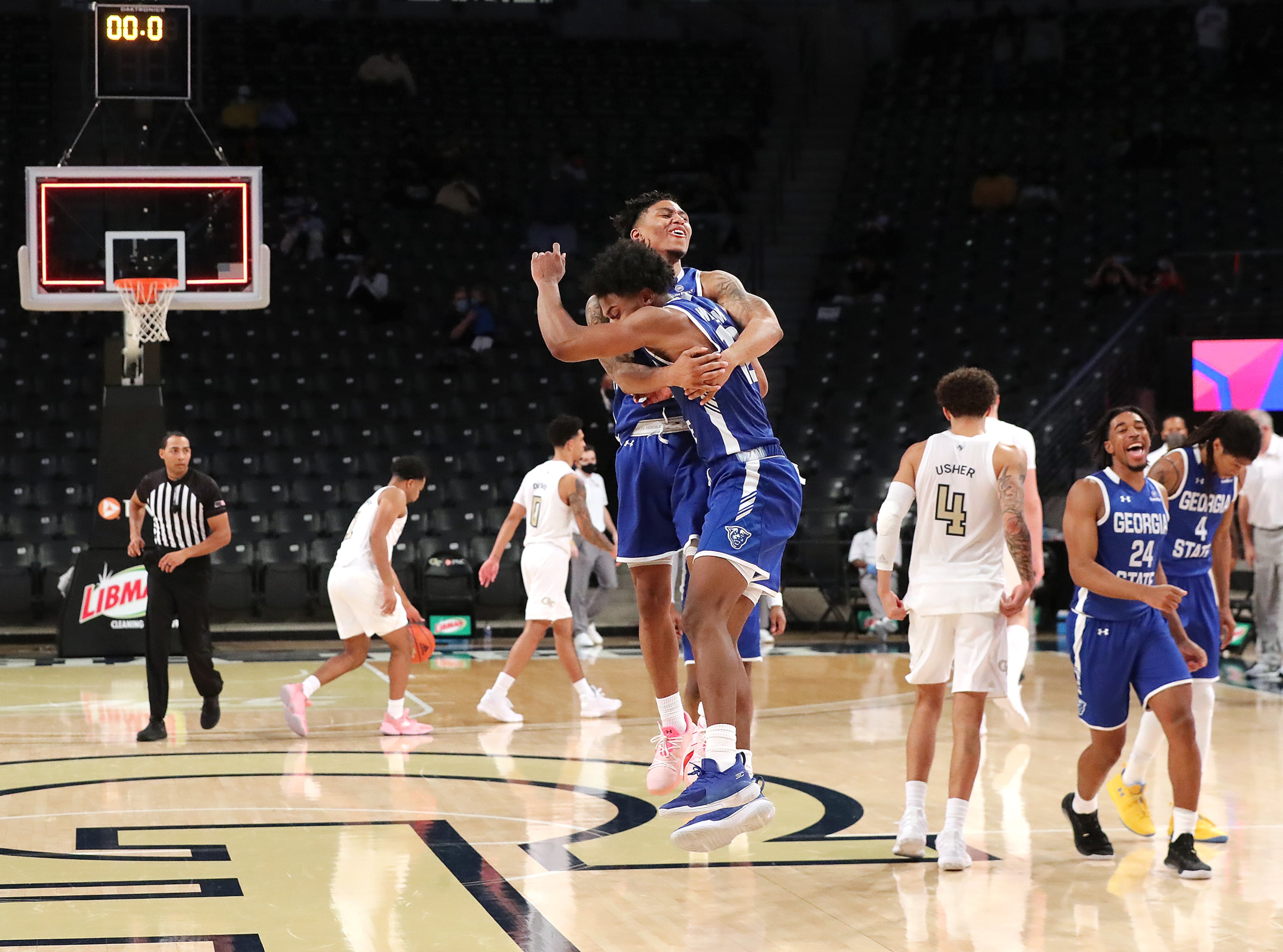 Georgia State players celebrate beating Georgia Tech 123-120 as time expires in the fourth overtime period early Thursday morning. “Curtis Compton / Curtis.Compton@ajc.com”