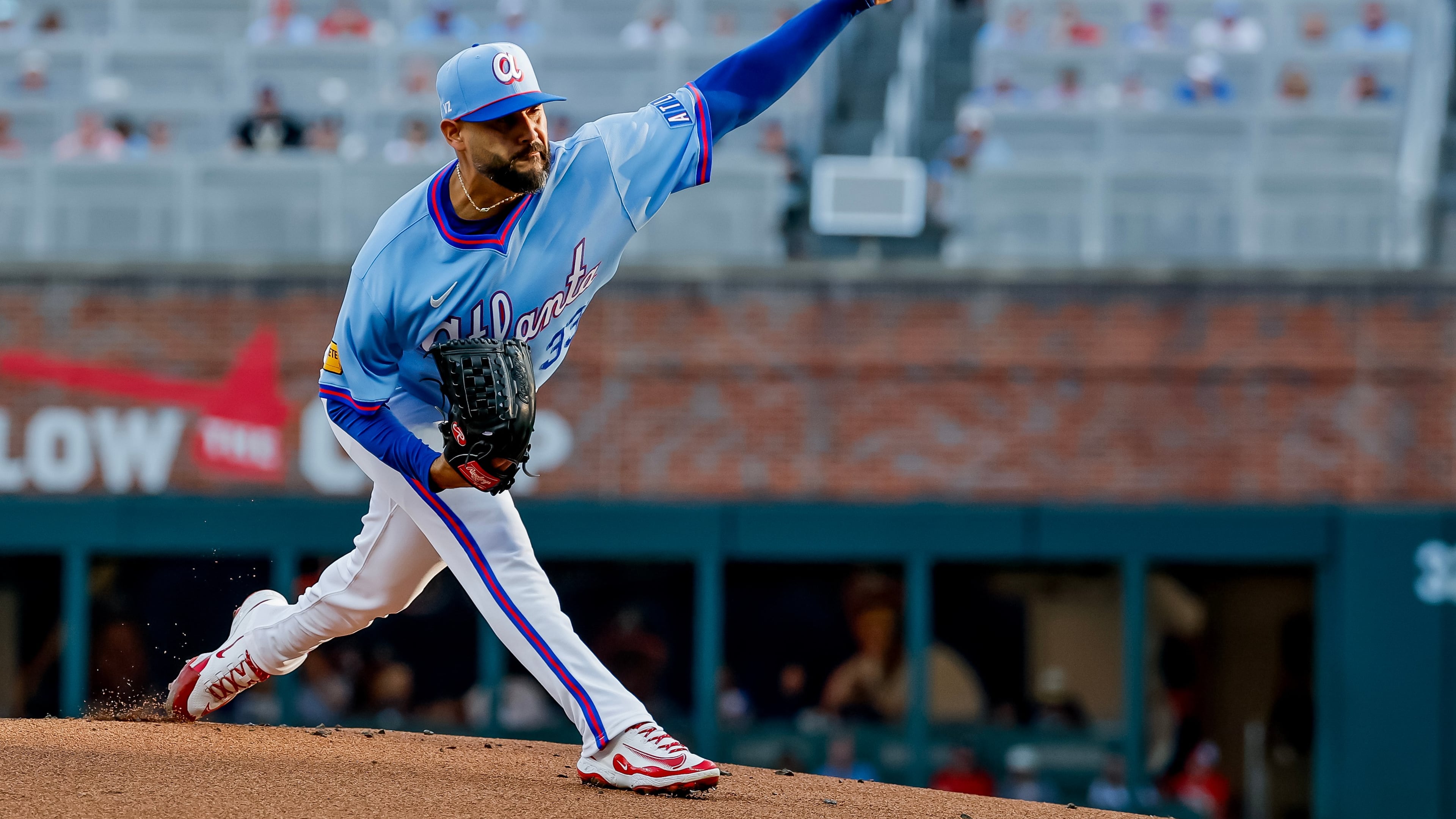 Atlanta Braves pitcher Martín Pérez delivers to a Washington Nationals batter during the first inning of a baseball game, Saturday, Aug. 1, 2026, in Atlanta. (AP Photo/Erik S. Lesser)