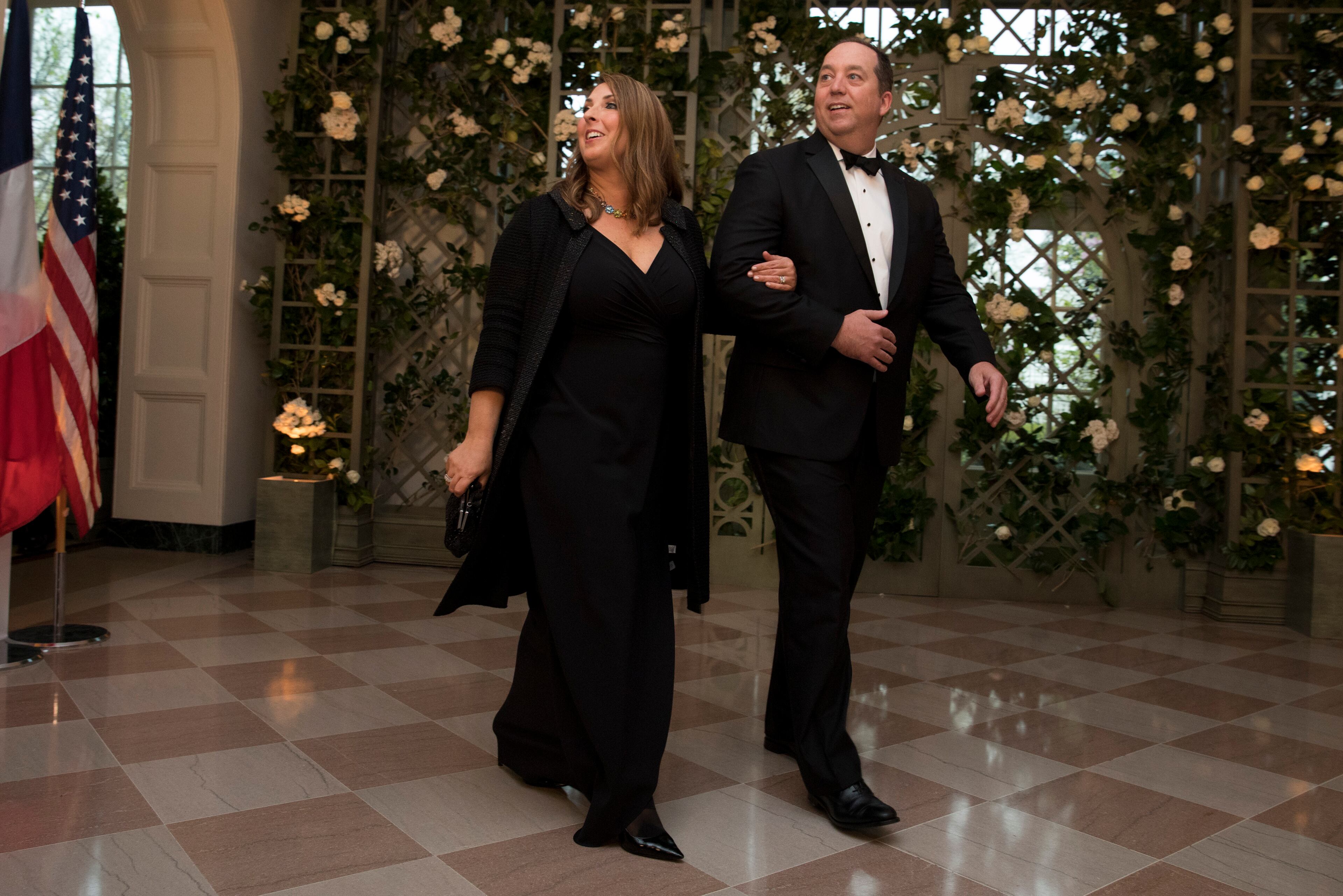 WASHINGTON, DC - APRIL 24: Republican National Committee Chair Ronna McDaniel and her husband Patrick arrive at the White House for a state dinner April 24, 2018 in Washington, DC . President Donald Trump is hosting French President Emmanuel Macron for the first state visit of his presidency. (Photo by Aaron P. Bernstein/Getty Images)