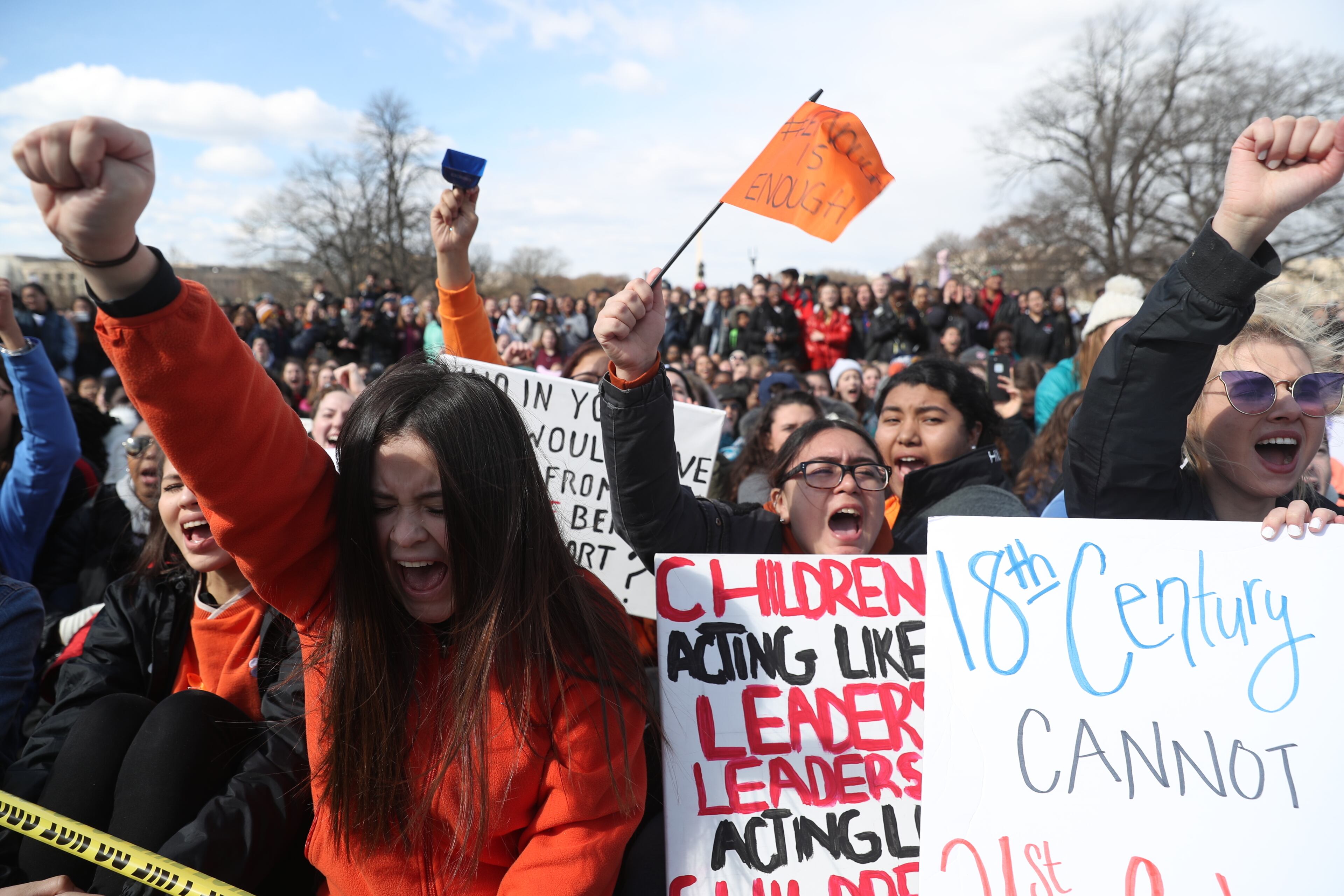 Students and gun control advocates march to the Capitol Building in Washington, Wednesday, March 14, 2018. One month after a mass shooting in Florida, students and advocates across the country participate in walkouts and protests to call on Congress for action. (AP Photo/Andrew Harnik)