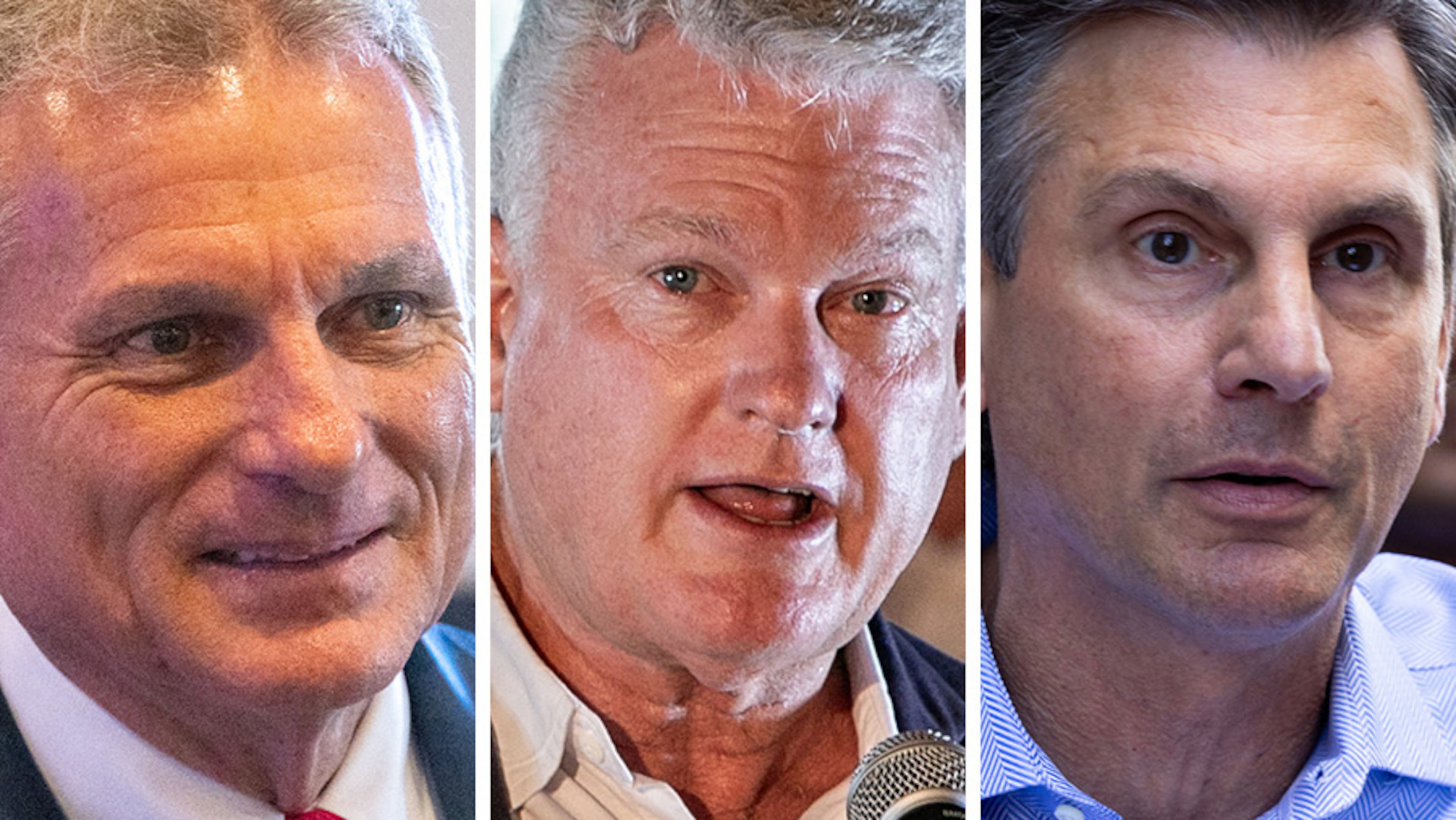 Democratic U.S. Sen. Jon Ossoff will likely face one of these Republican candidates in next year's election (left to right): U.S. Rep. Buddy Carter, U.S. Rep. Mike Collins or Derek Dooley. (AJC file photos)