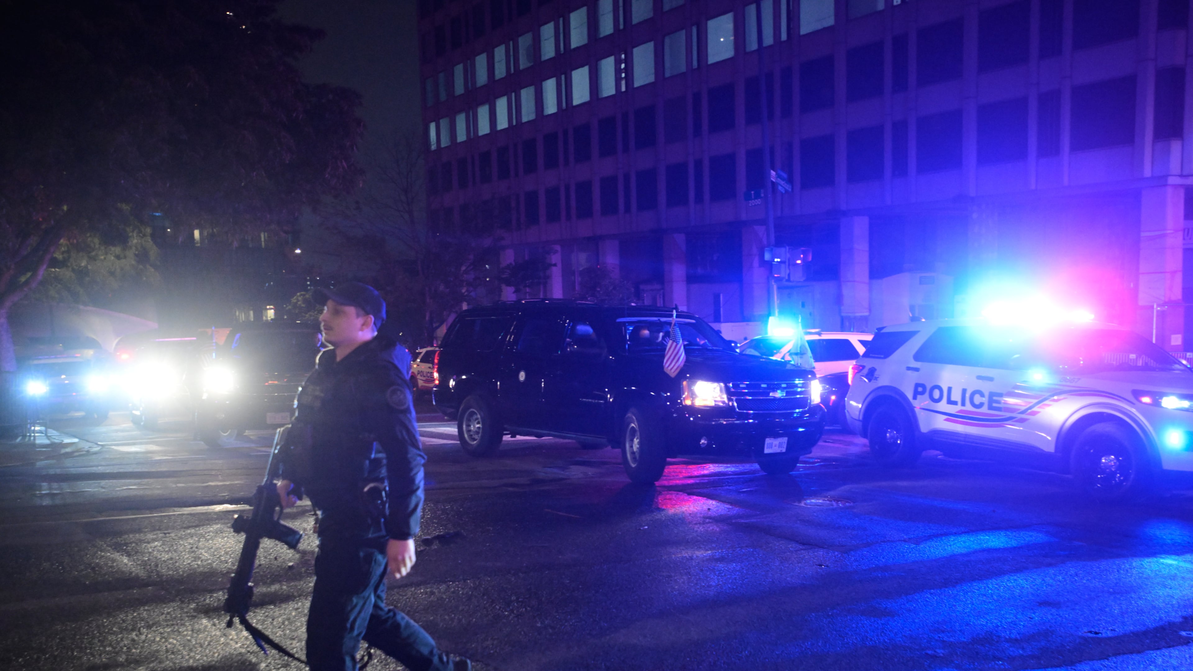 Law enforcement are seen outside the White House Correspondents Dinner, Saturday, April 25, 2026, in Washington. (AP Photo/Rod Lamkey, Jr.)