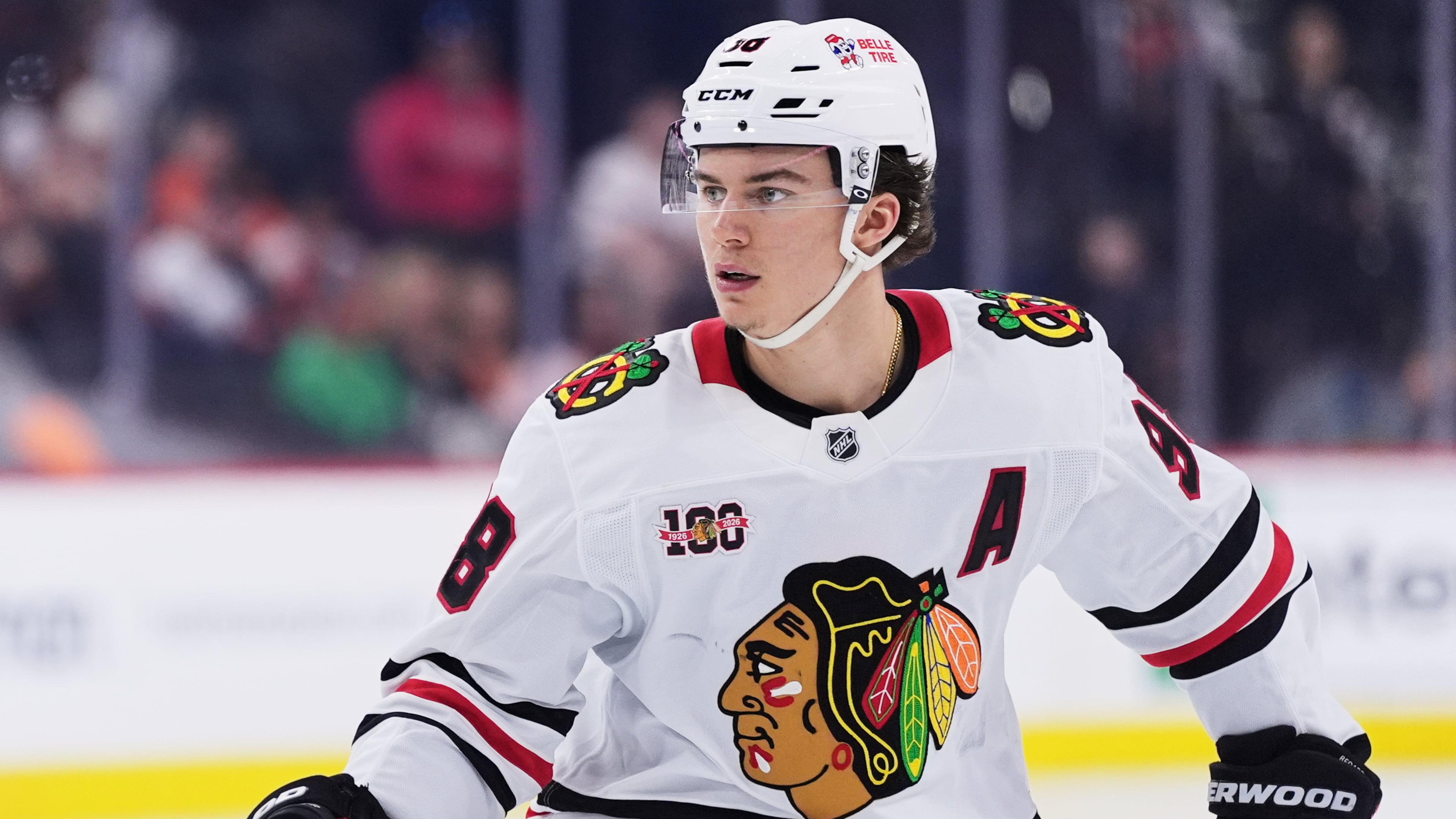 FILE - Chicago Blackhawks' Connor Bedard plays during an NHL hockey game Thursday, March 26, 2026, in Philadelphia. (AP Photo/Matt Slocum, File)