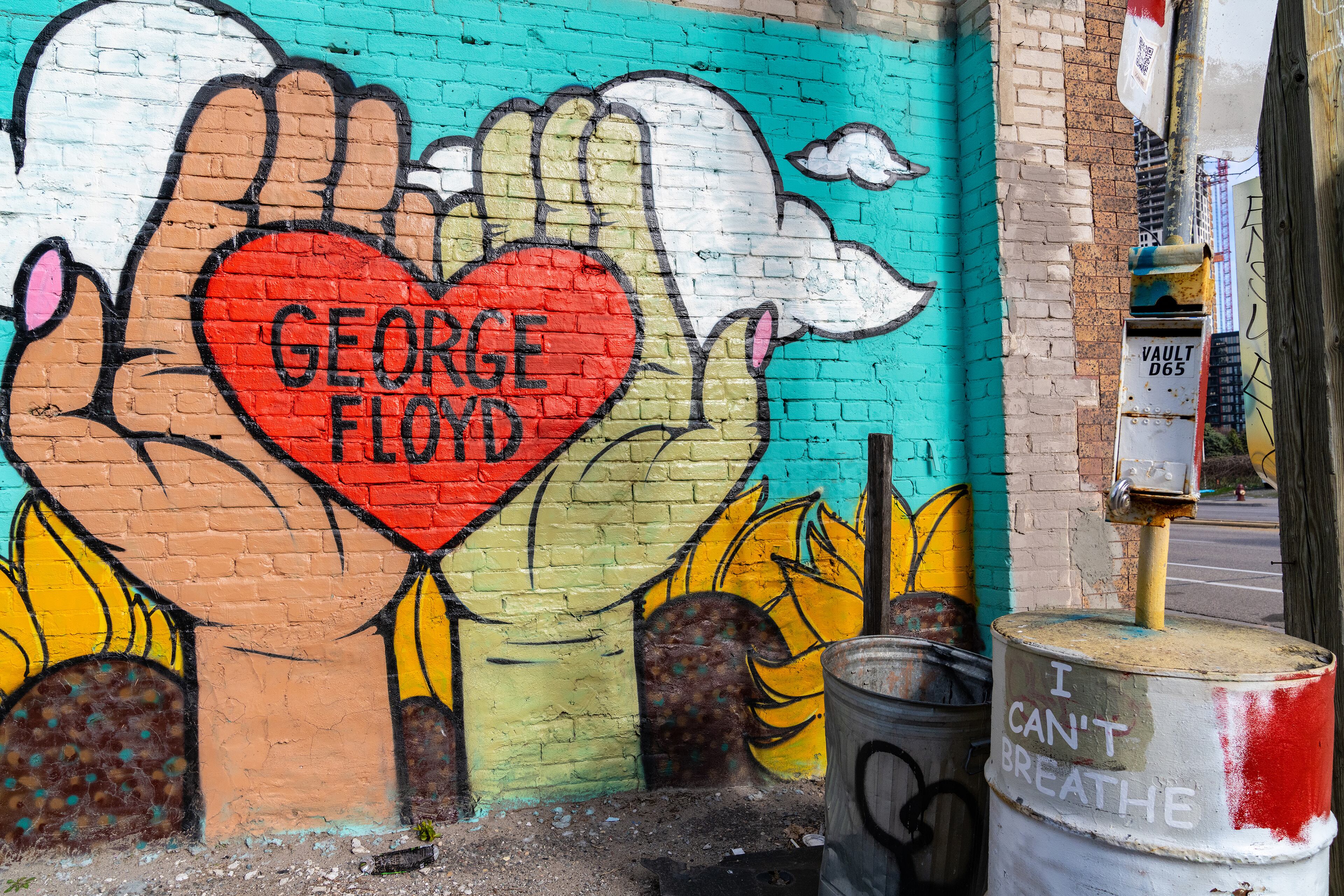 A mural to George Floyd in Minneapolis on Tuesday, April 20, 2021, where Derek Chauvin, a former Minneapolis police officer is on trial for the killing of Floyd, a Black man, while in police custody last year. The jury will be sequestered in a hotel during their deliberations over Derek Chauvin, who is charged with second-degree murder, third-degree murder and second-degree manslaughter. (Aaron Nesheim/The New York Times)
