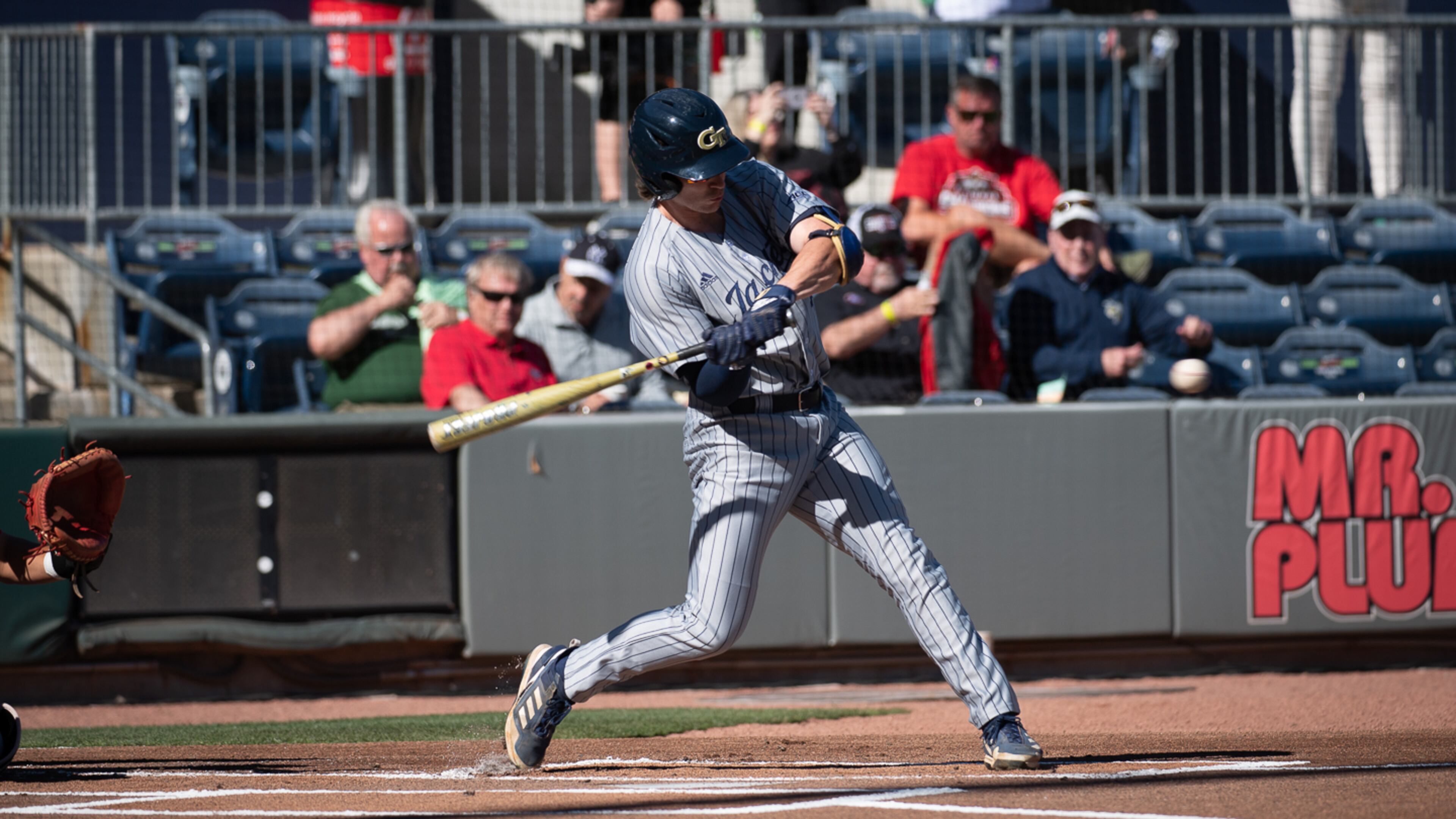 Outfielder Jake DeLeo hits the ball during the 20th Spring Classic game, UGA vs Georgia Tech, March 5, 2023. Jamie Spaar for the Atlanta Journal-Constitution