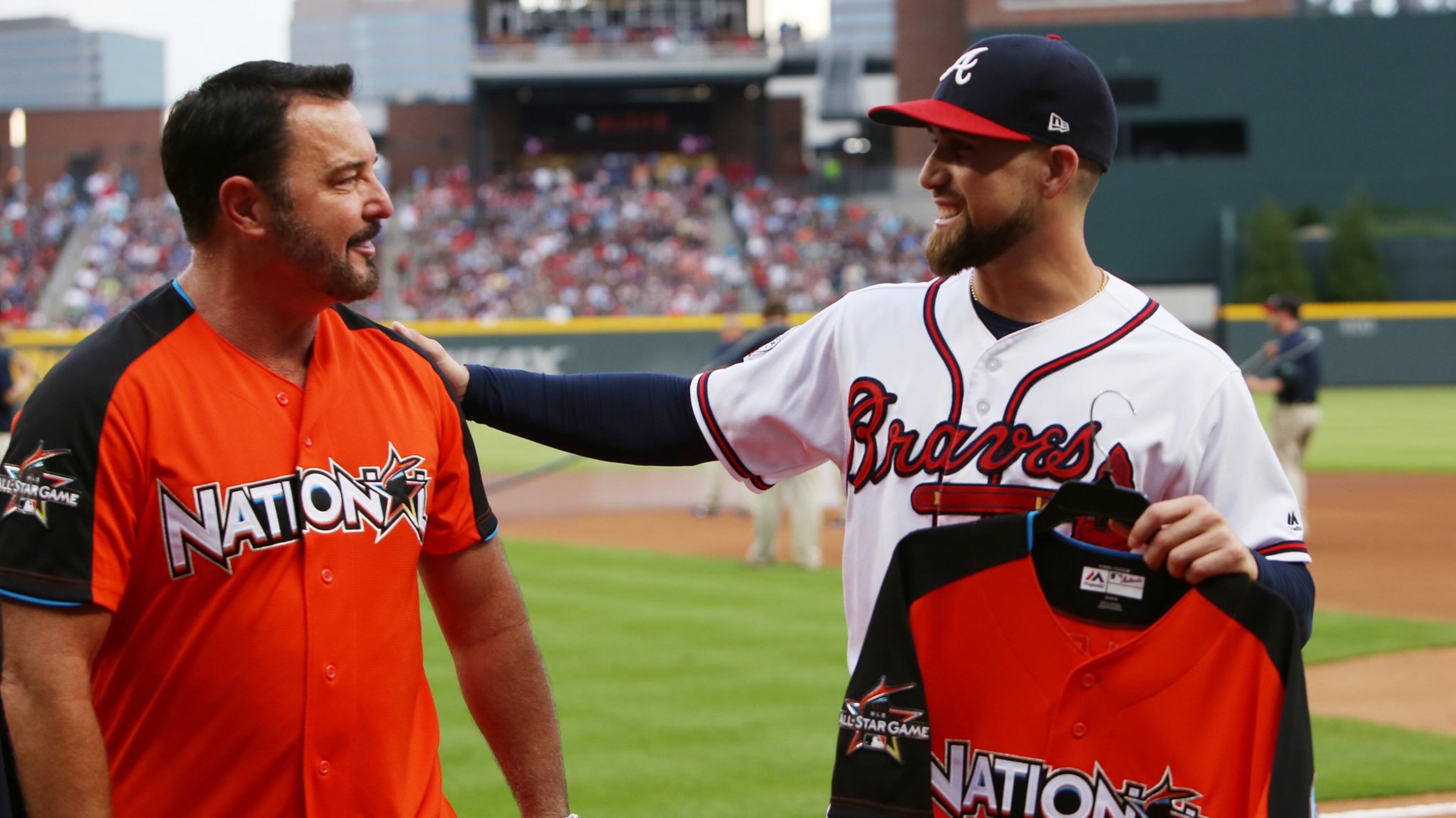 Braves center fielder Ender Inciarte is presented with the National League jersey for the All-Star game. (AP Photo)