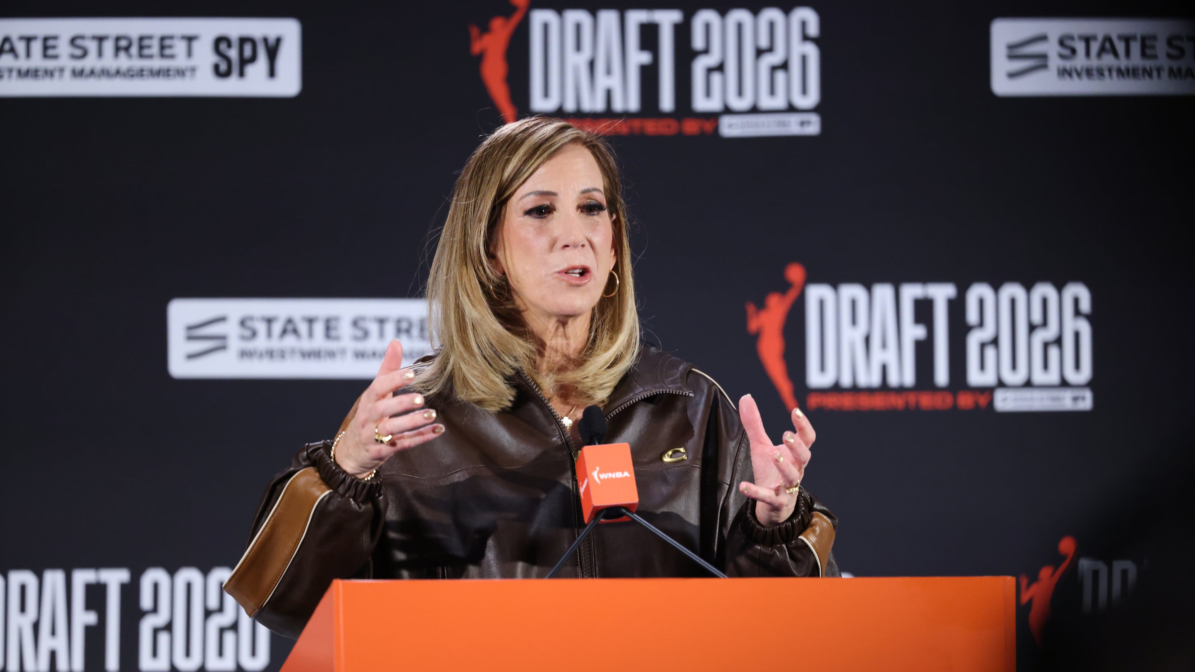 WNBA commissioner Cathy Engelbert speaks before the WNBA basketball draft Monday, April 13, 2026, in New York. (AP Photo/Pamela Smith)